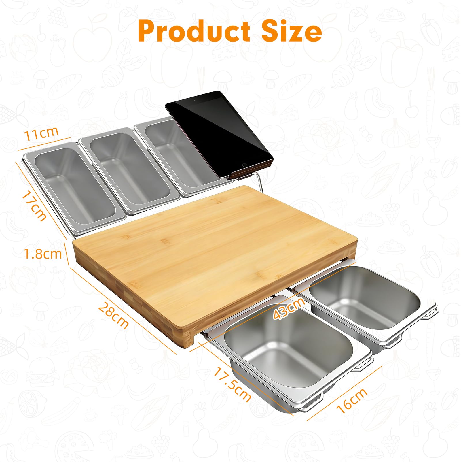 Tabla De Cortar De Madera Con Bandeja Colectora,Tabla Cortar Multifunción | De Bambú Con 5 Bandejas De Acero Inoxidable Y Soporte Para Tableta, 43 x 28 cm, Antideslizante Y Respetuosa Con Los
