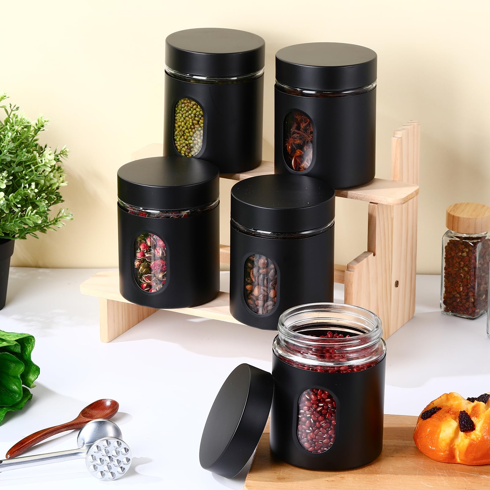 Patelai Set di 6 contenitori da cucina ermetici in acciaio inox da 590 ml, contenitori per alimenti con finestra in vetro, barattoli per caffè, zucchero, caramelle, tè, per farina, biscotti, spezie