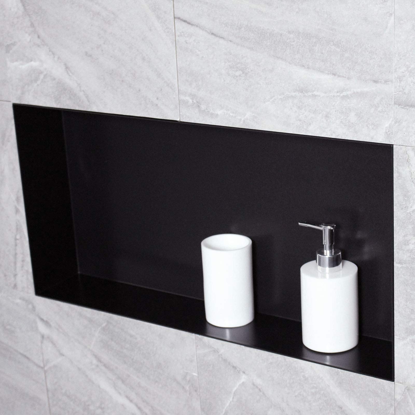 Bernstein Nicho de Pared de Acero Inoxidable BS603010 sin Borde - 60 x 30 x 10 cm - Estante de Ducha para Utensilios de baño - Montaje Flexible - nicho de Ducha alicatable en Negro