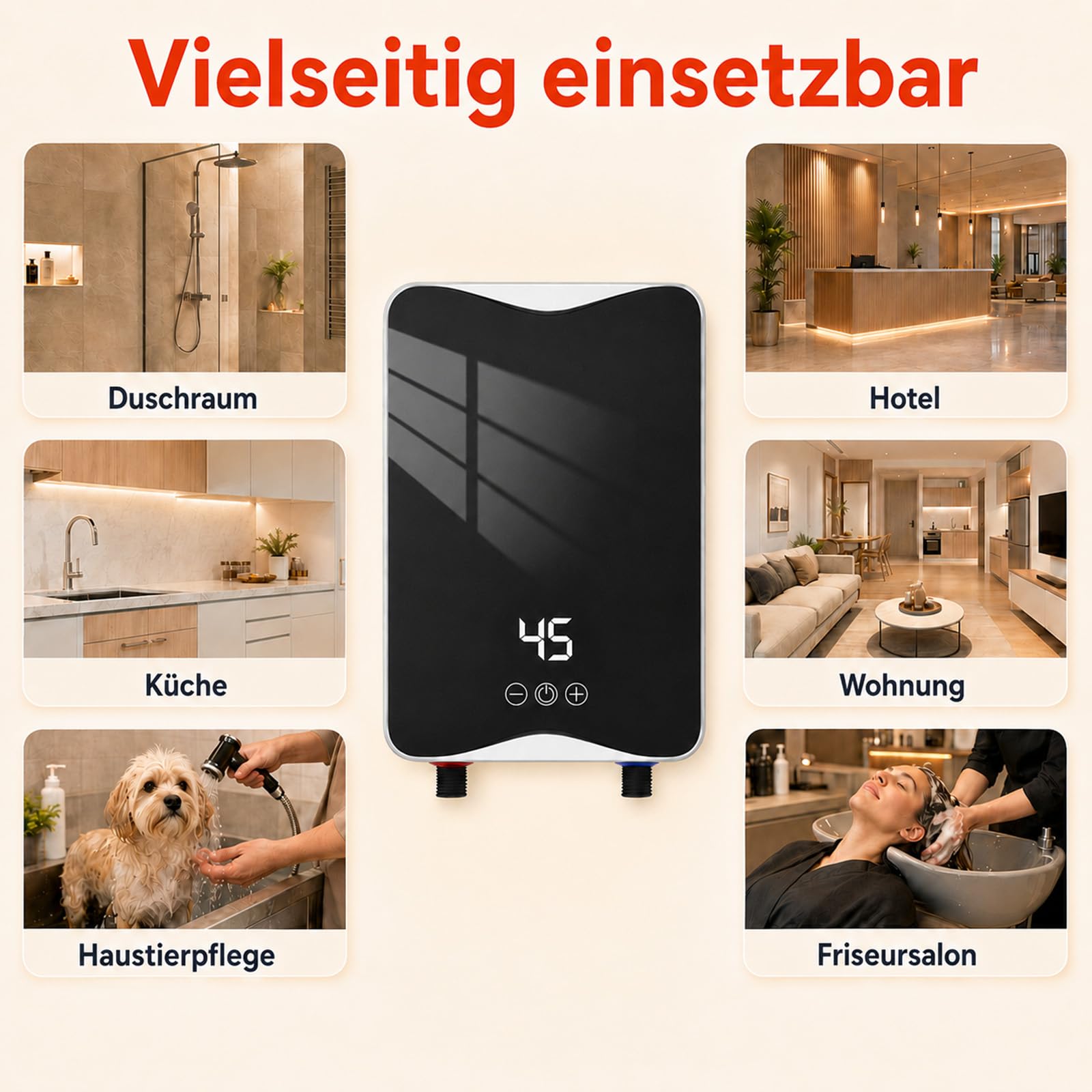 Elektrischer Durchlauferhitzer 5500 W 230 V, Mini Durchlauferhitzer mit LED-Temperaturanzeige, Einstellbar 20-55 °C, IPX4 Wasserdicht, Elektrischer Warmwasserbereiter für Dusche, Küche, Waschbecken