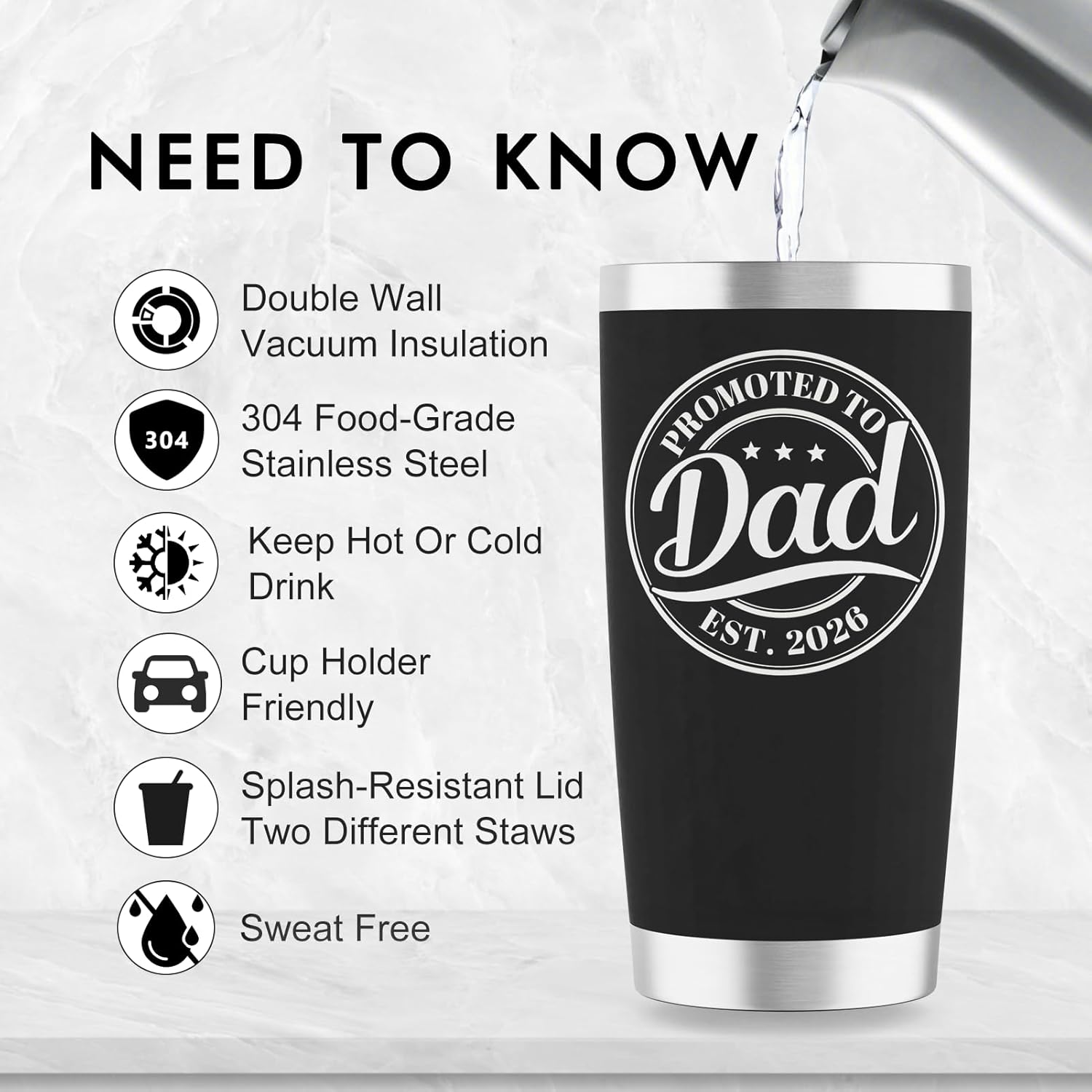 Promoted to Dad Est. 2026 Tumbler - New Dad Christmas Gifts, Gifts for First Time Father, New Father to Be, 20oz Stainless Steel Insulated Tumbler with Lid, Husband Gift from Wife, Black - Image 8