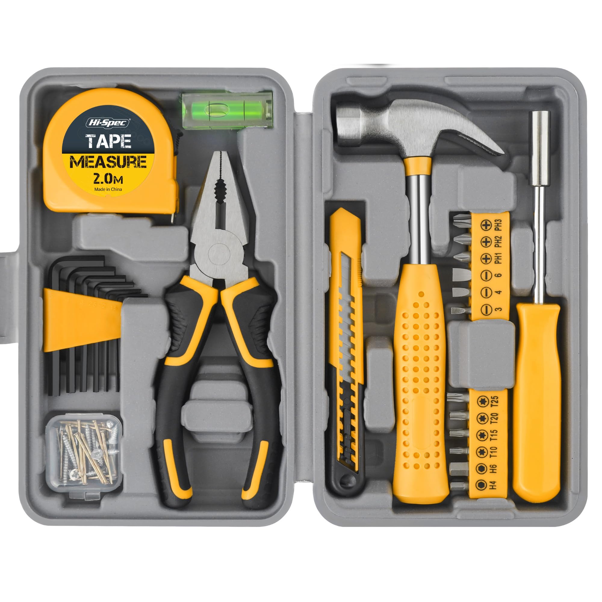 Hi-Spec Mini Kit de Herramientas Manuales para Reparaciones, Amarillo | 25 piezas variadas con alicates y cinta métrica, soluciona arreglos rápidos sin maletín