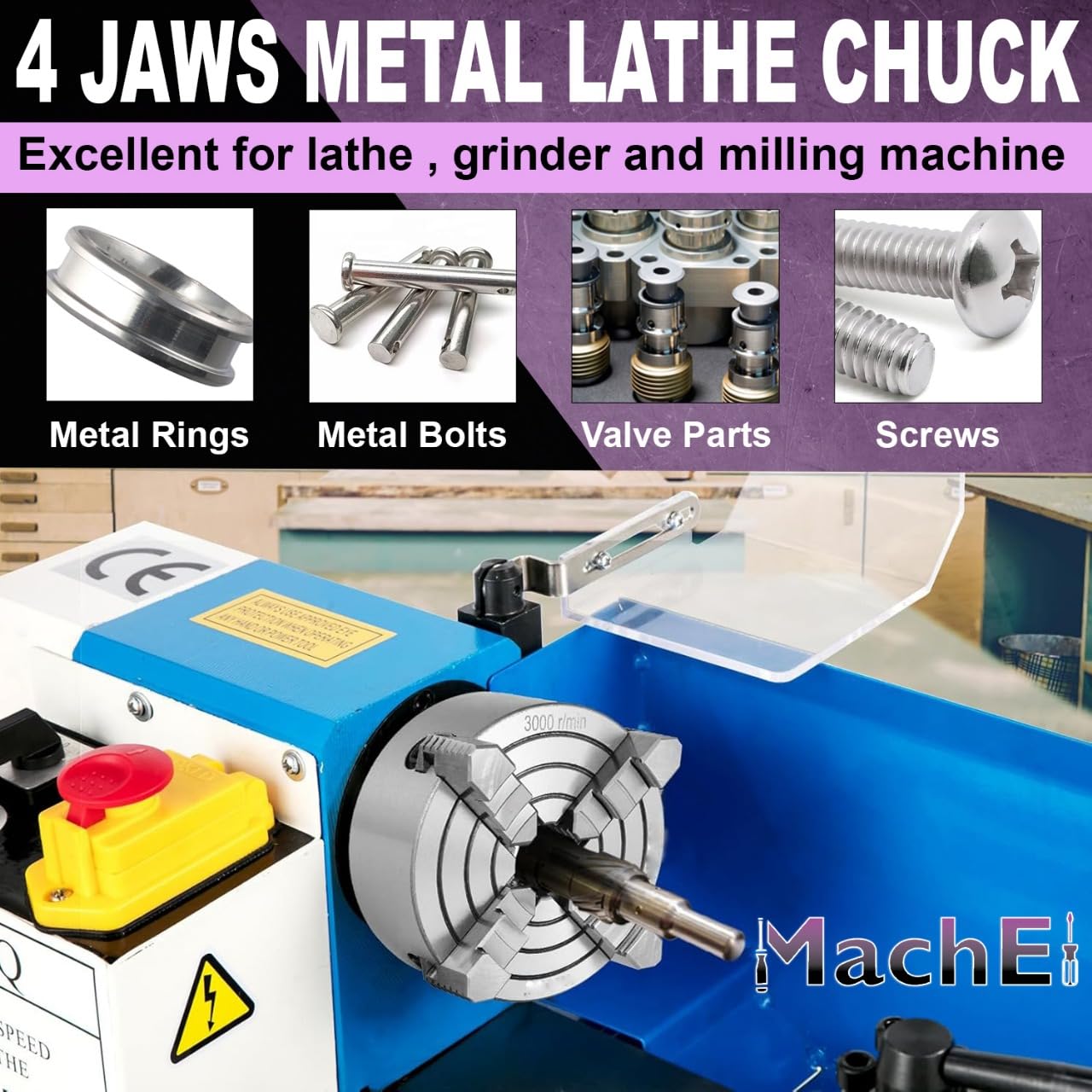 MachEl 5" (125 mm) 4-szczękowy niezależny uchwyt tokarski z żeliwną płytą tylną, gwint 1-1/20.3 cm x 12 UNF (2B), nadaje się do tokarki Myford, hartowane, odwracalne szczęki | precyzyjne narzędzie