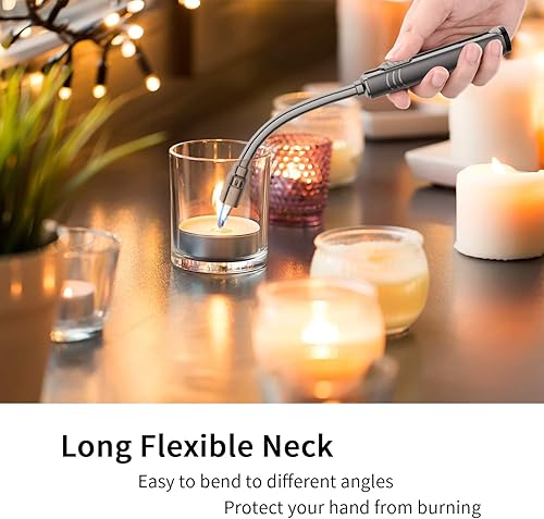 Miniatura 5 de Encendedor de butano Megainvo, antorcha larga recargable, con ventana visual de combustible, cuello flexible, resistente al viento, para parrilla,