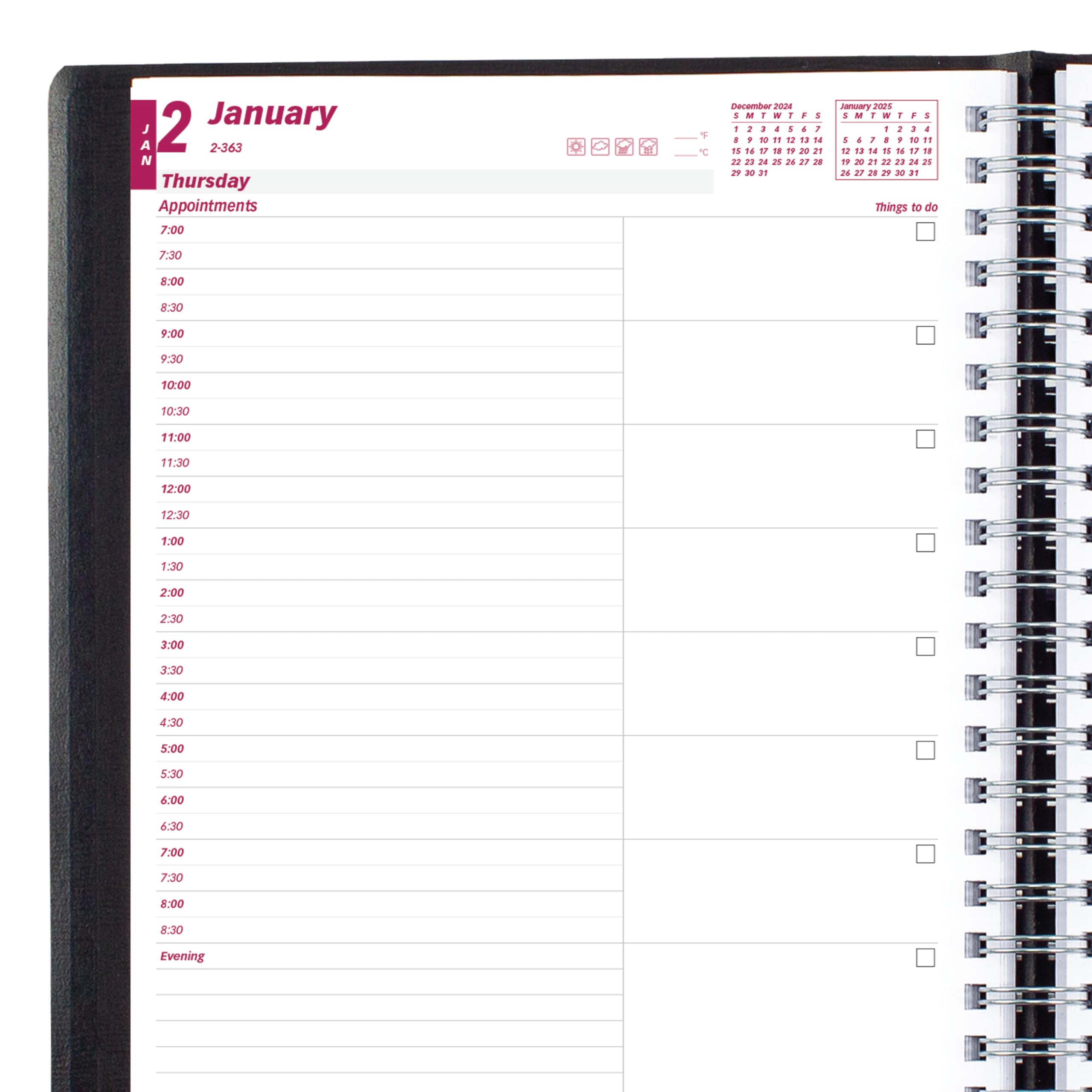 Brownline Agenda giornaliera essenziale 2025, agenda da 12 mesi, da gennaio a dicembre, rilegatura a doppio filo, 28 x 21,5 cm, nero (CB965.BLK-25)