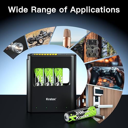 Miniatura 9 de Kratax Baterías de litio recargables AA de 3700 mWh con cargador, paquete de 4 baterías de iones de litio dobles A de alta capacidad de 1.5 V, larga