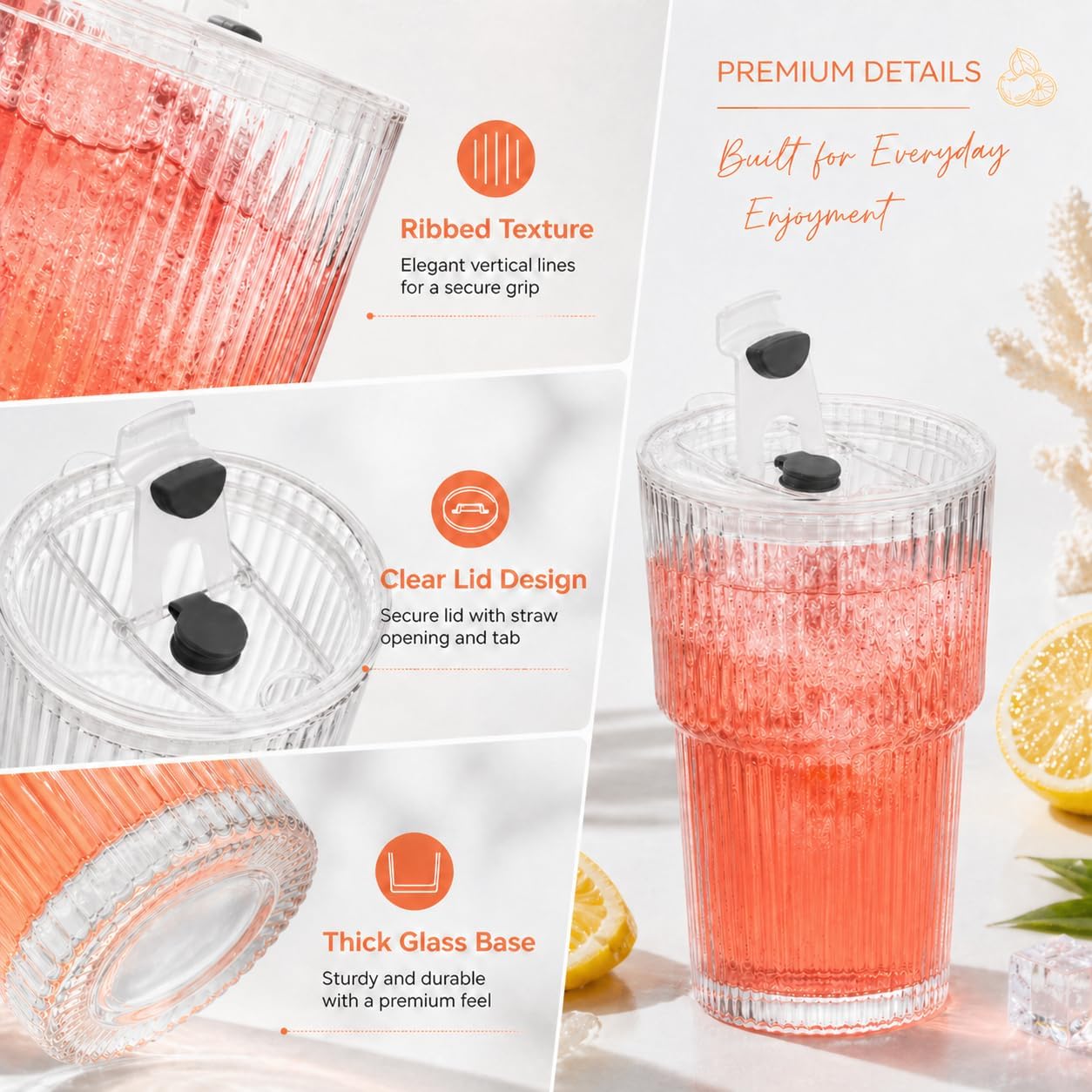 ALINK 2 bicchieri in vetro a coste da 600 ml, con coperchio e cannuccia, bicchieri da caffè freddo, set da long drink, design ermetico e impermeabile, ideali come caffè