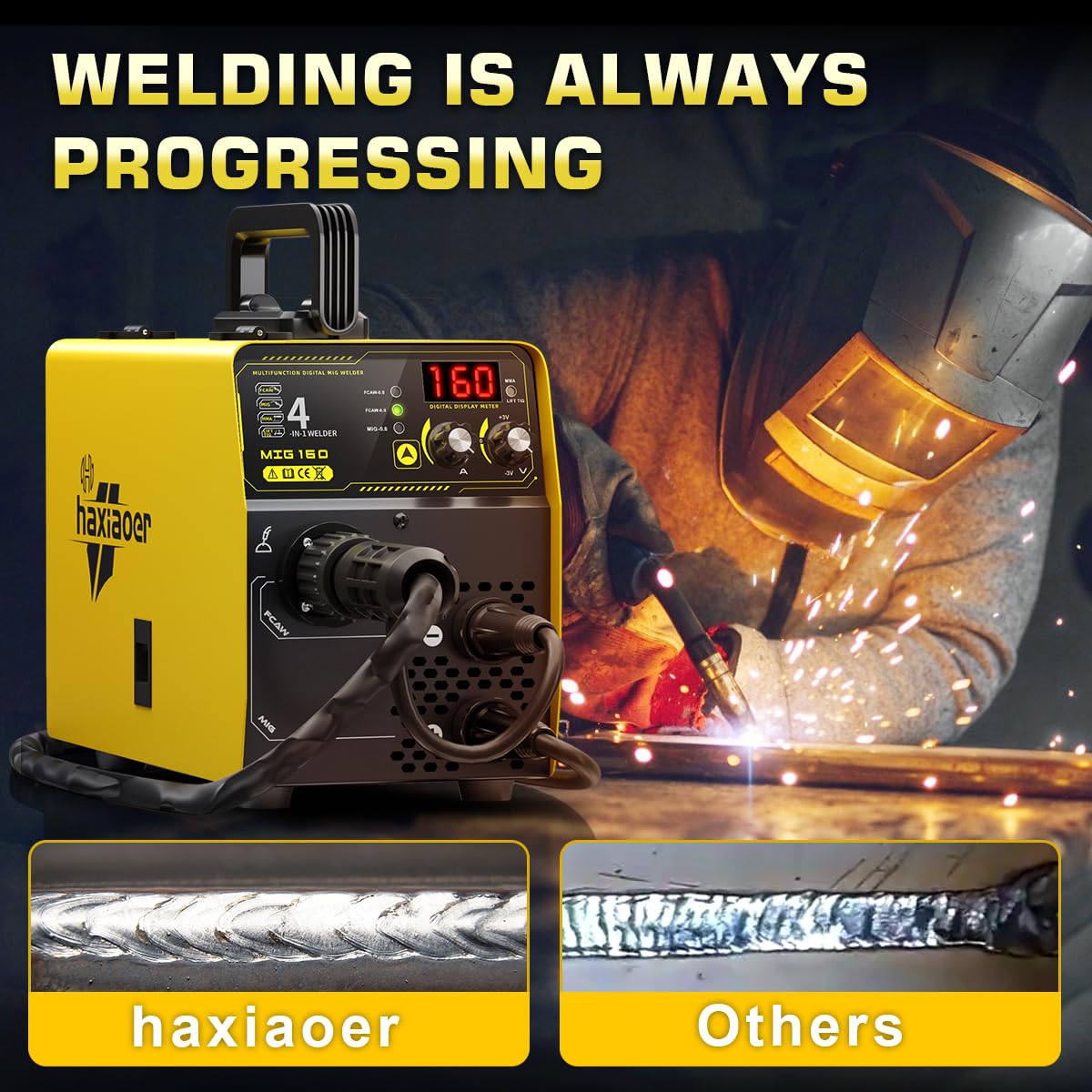 HAXIAOER 160A Schutzgas Schweissgerät MIG MAG, 4-in-1 Fülldraht Schweißgerät mit Fülldraht (FCAW)/MAG/MMA E-Hand/Lift TIG, Synergischem Drahtvorschub, IGBT, Fülldraht, Stahl Schweißdraht