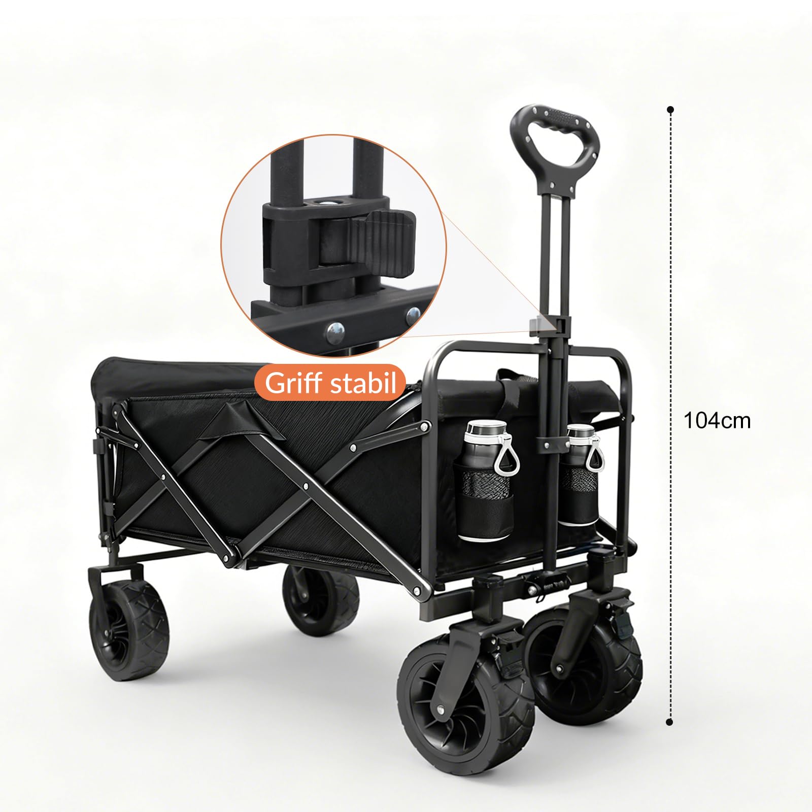 Sanycasa Bollerwagen faltbar 250L 200KG Tragkraft Gelände Strand geeingenet Bollerwagen mit Bremsen robuster verstellbarer Griff mit Transporttasche, Extra Länge mit klappbarem Heckfenster, Schwarz
