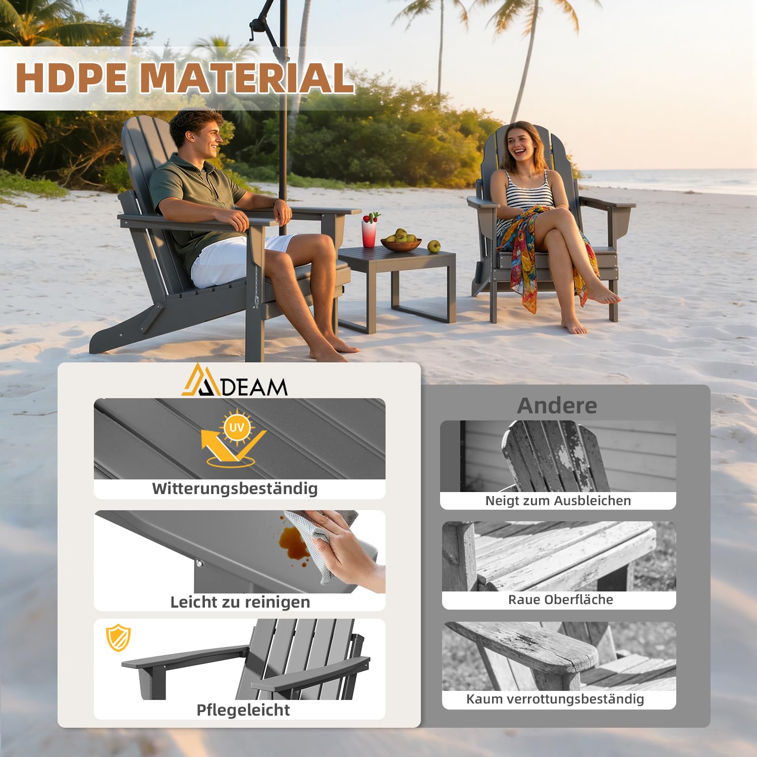 Mdeam Adirondack Stuhl Klappbar, Gartenstuhl mit Rückenlehne & Armlehnen für Garten Terrasse, Adirondack Chair Wetterfestes HDPE, Grau