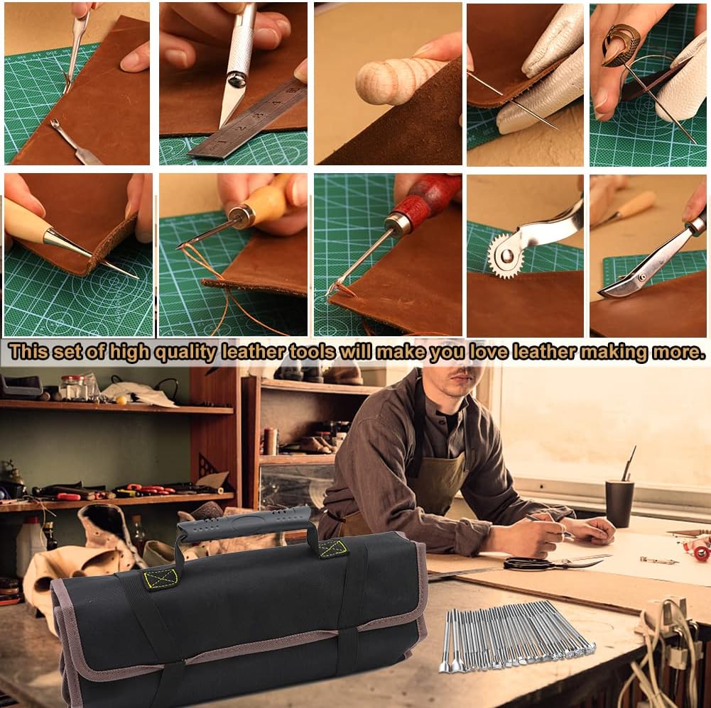 Tikjiua 456Pcs Leather Working Tools with Apron and Tooling Bag, Leather Craft Kit with Tools for Stamping, Carving, Sewing, Beveling, Cutting, Crafting