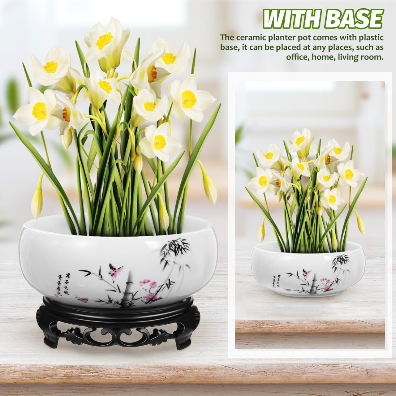 DOITOOL Lotus Bowl Planter, 6.9 Inch Water Lily Bowl Chinese Style Ceramic Lotus Planter, Bonsai Flower Water Lily Pot Hydroponic Pot with Plastic Base