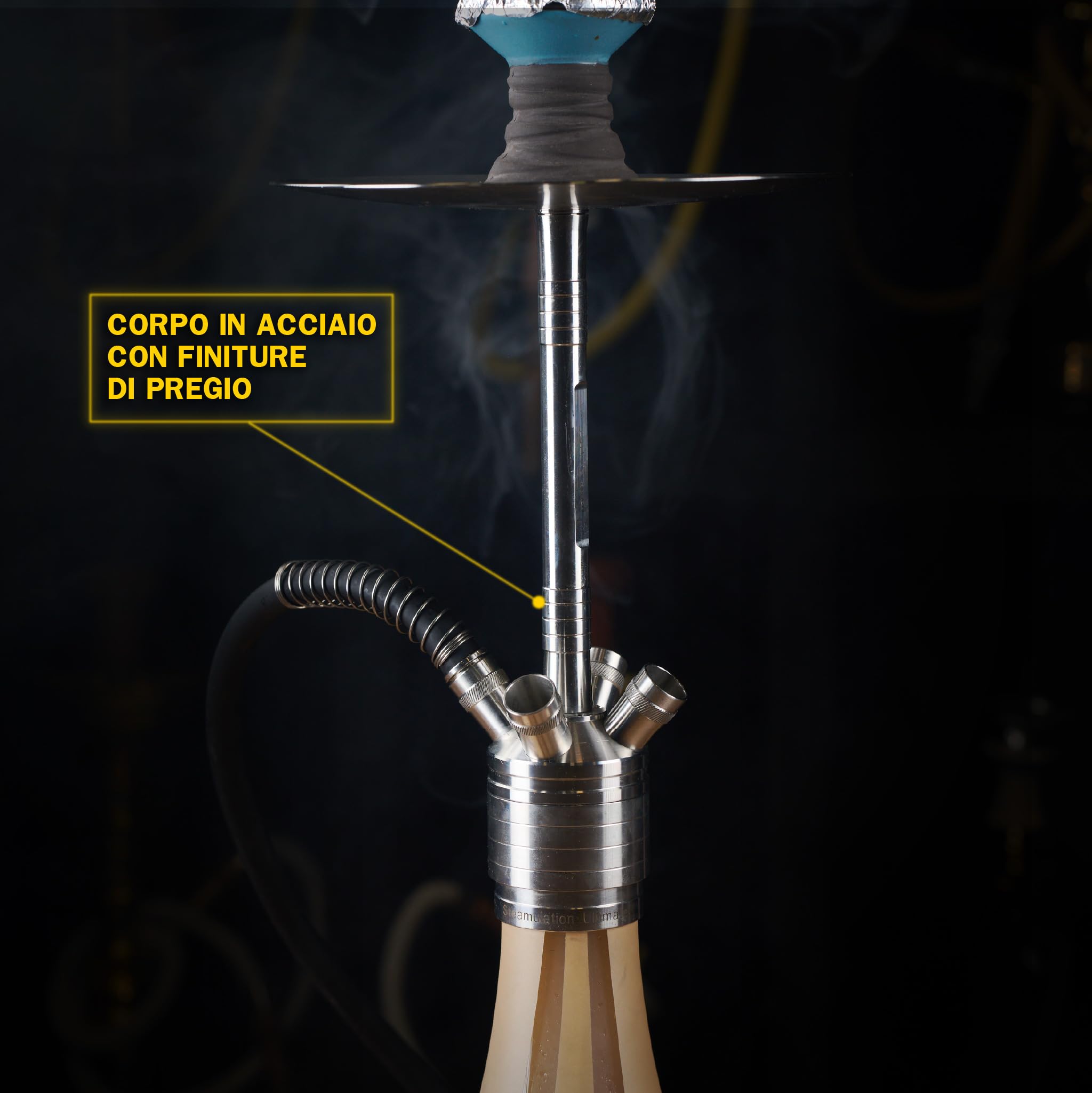 Steamulation Cachimba Ultimate Gold Metallic Gen.I | Shisha de Acero Inoxidable con Manguera de Silicona, Boquilla, Pinza, Cazoleta de Piedra HMD + 1 kg Carbón Cocobration 27 mm