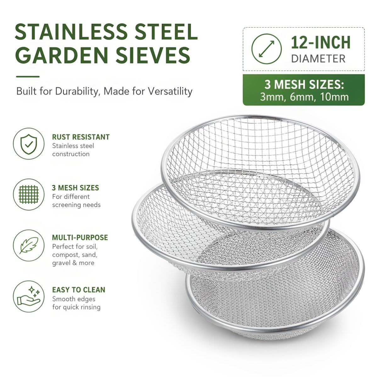 Abaodam 3 Pièces Tamis de Jardinage Rond en Fer Galvanisé 30x30x7 Cm Maille Métallique Renforcée pour Séparer Sable, Gravier et Écorces, pour Culture de Semis