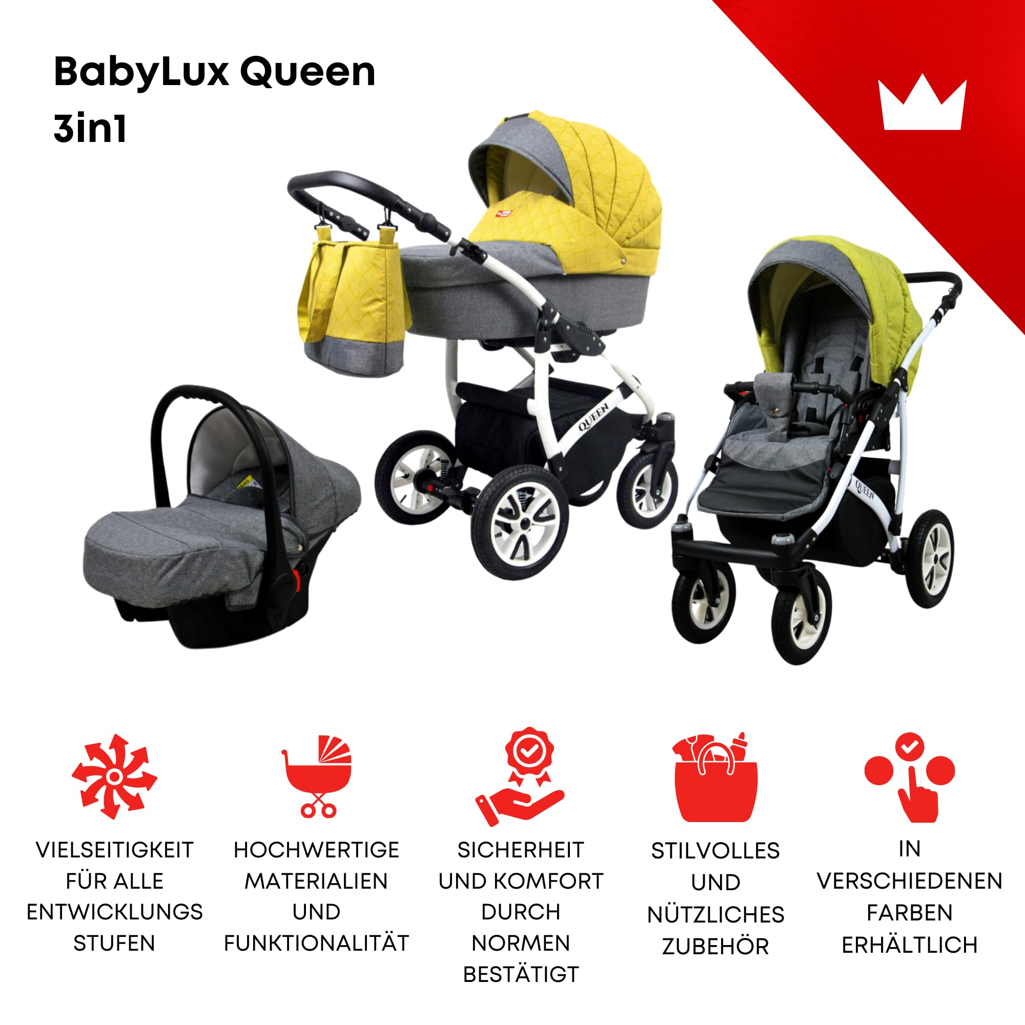 BabyLux Passeggino 3 in 1 Queen - Set Completo con Navicella, Seggiolino Auto, Borsa e Copertura Antipioggia