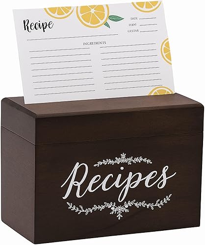 Outshine Caja de almacenamiento de recetas de madera con tarjetas de limón y separadores