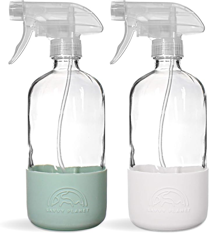 SAVVY PLANET Frascos de vidro com spray e capa de silicone, 473 mL, com bico ajustável, Pacote com 2