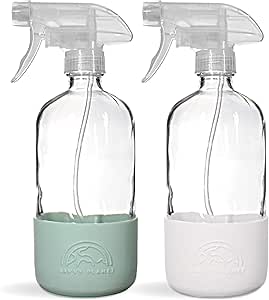SAVVY PLANET - Glass Spray Bottles for Cleaning, Silicone Sleeve Bottom for Protection, Reusable Glass Spray Bottles 16 Oz With Adjustable Nozzle Settings (2 Pack)