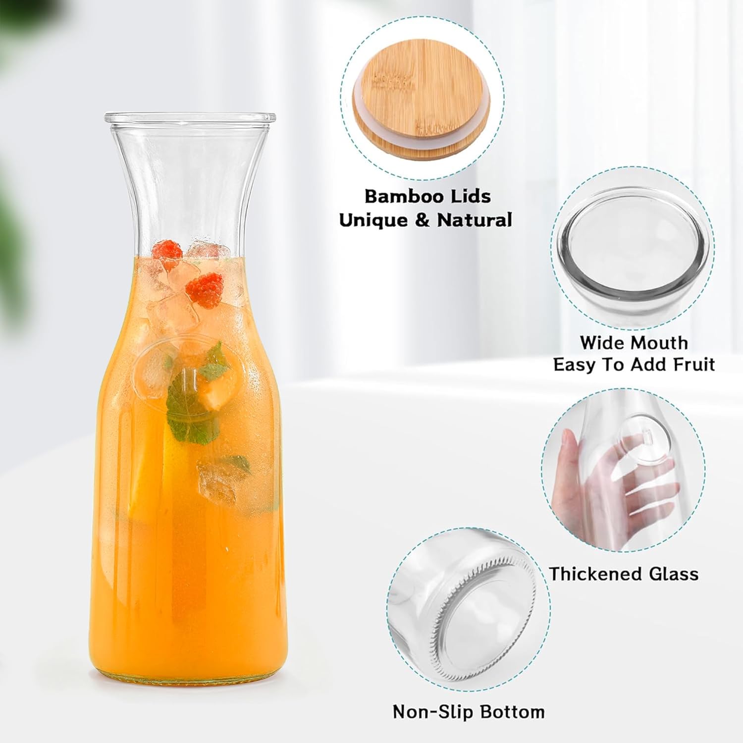 Glass Carafe with Bamboo Lid,35 Oz Beverage Dispensers Carafe,Mimosa Bar Supplies,Clear Glass Pitcher with Name Labels for Iced Tea,Coffee,Juice(Set of 4) - Image 4