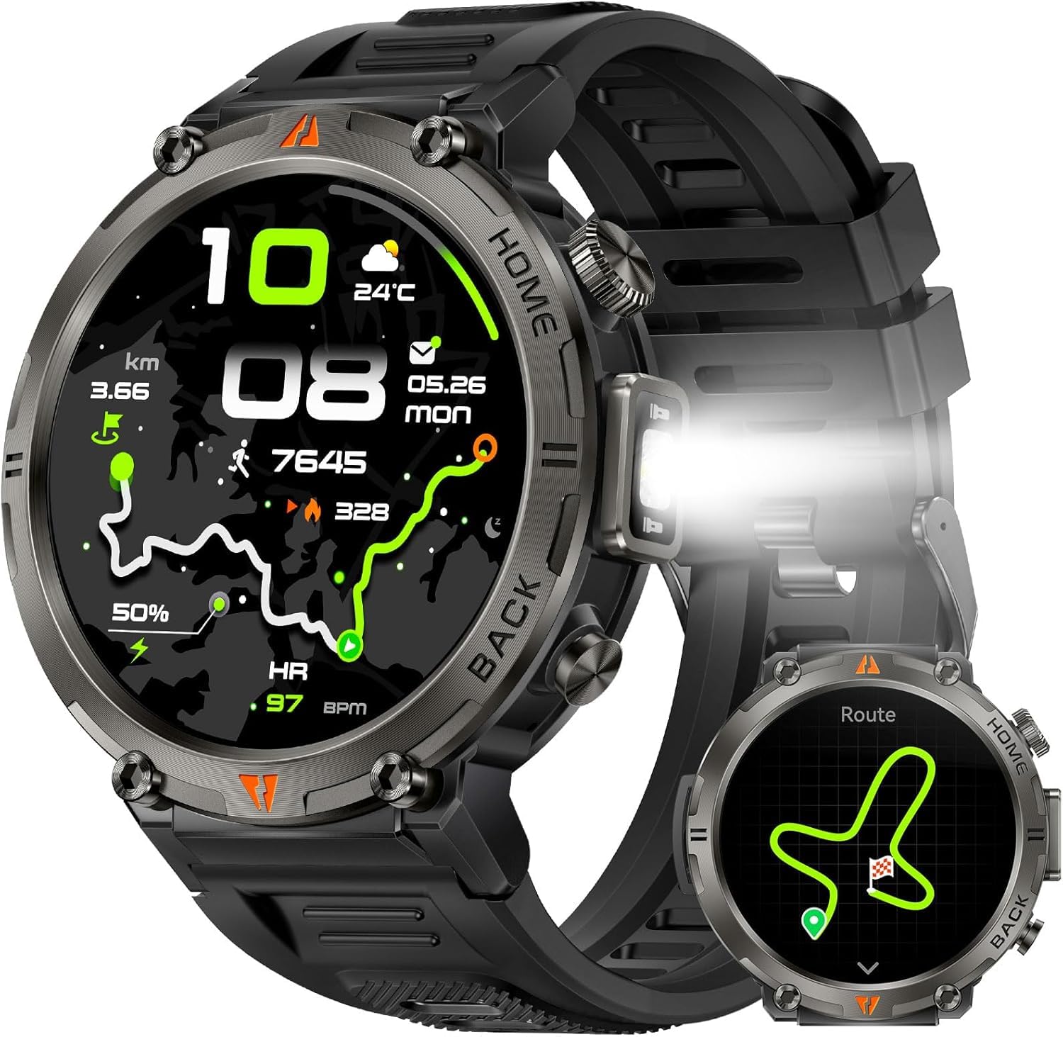 GPS Smartwatch Militare Uomo Impermeabile 3ATM con Torcia LED Bussola, 1,45" HD Rugged Smartwatch Orologio con Chiamate Bluetooth, Fitness Watch con Cardiaca SpO2 Notifiche WhatsApp per Android iOS