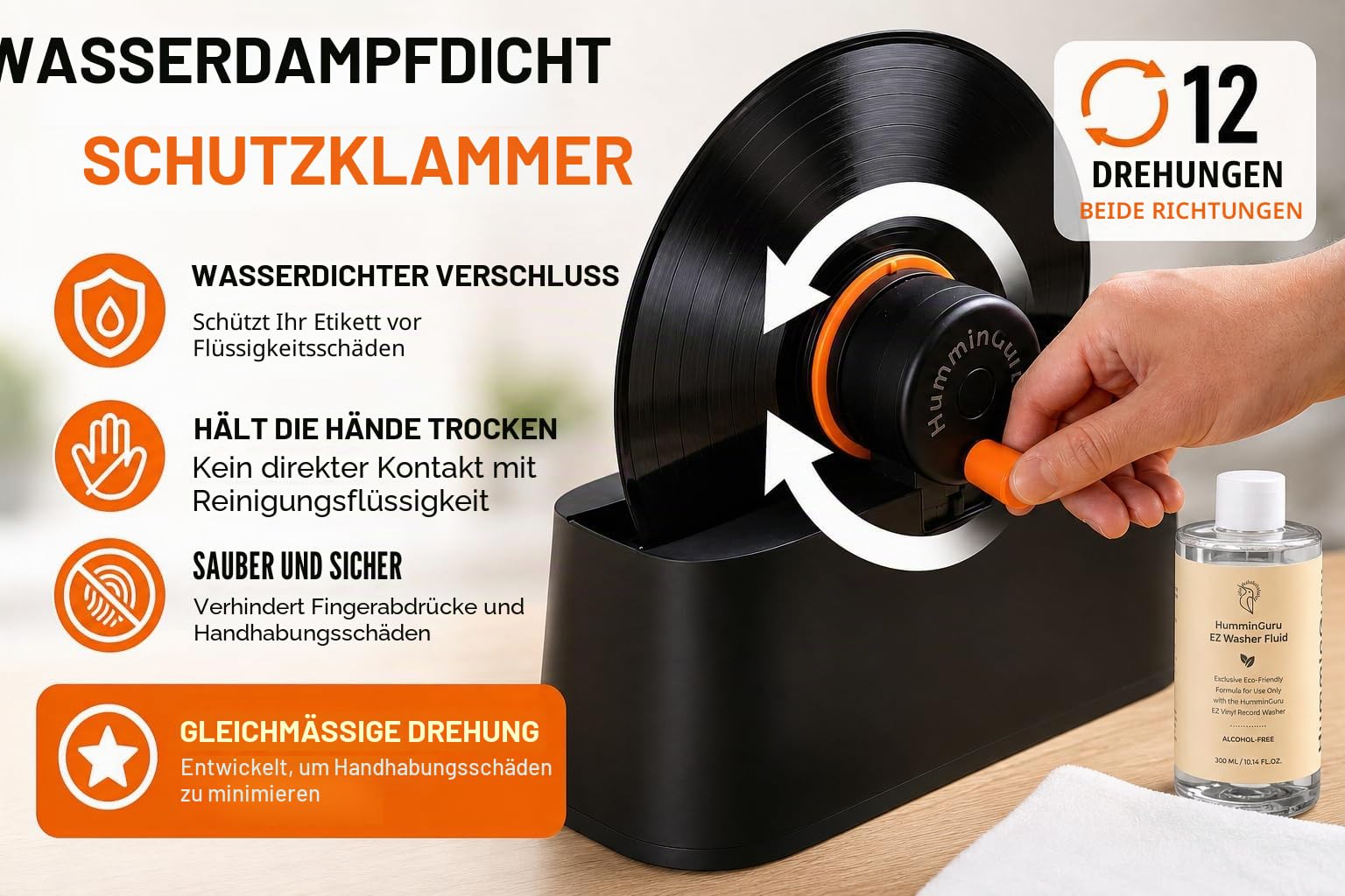 HumminGuru EZ Schallplattenwascher, Manuelle Schallplattenreiniger-Maschine mit Müheloser LP-Rotation & Sicherer Klemme, Schallplattenreinigungsset mit Ziegenhaarbürsten, Fluid, Trockengestell & Tuch