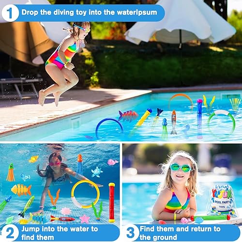 Miniatura 3 de YUJUN 35 juguetes de natación de buceo en piscina, juguetes de verano subacuáticos, con peces de piscina, palos de buceo, anillos, bolsa de