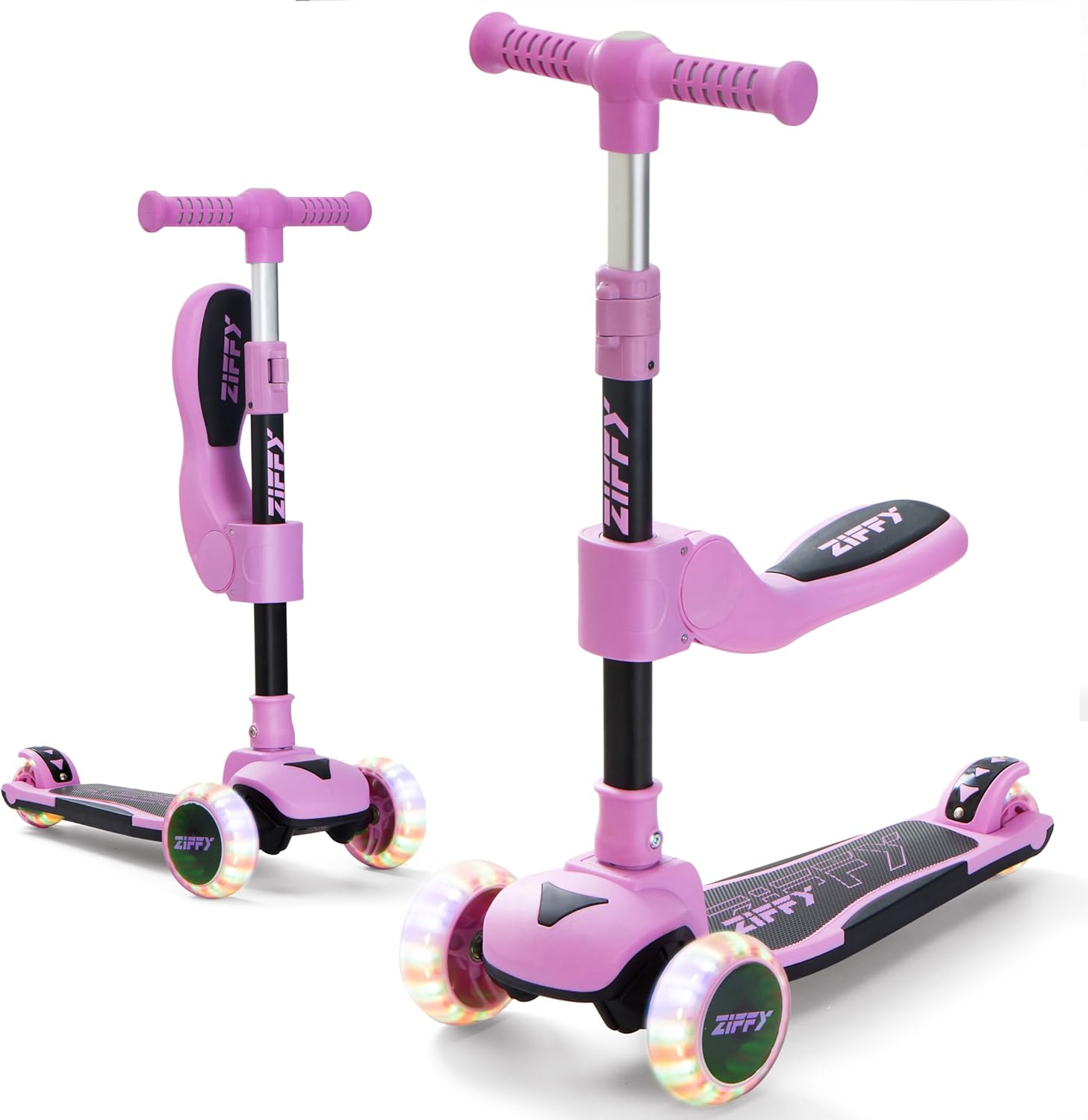 ZIFFY 2-in-1 Toddler Scooter with Seat, 3 Wheel Scooter with LED Lights, Anti-Slip Surface, Adjustable Height Handlebars and Foldable Seat, Toys for Kids Ages 3-12 (Up to 110 Lbs) Purple