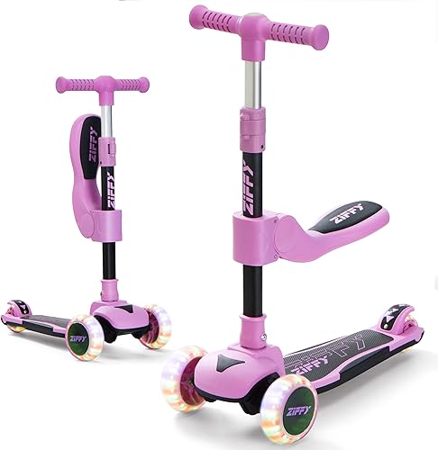 ZIFFY LED Light-up 3 Wheel Scooter, 2-in-1 Scooter for Kids, Anti-Slip Surface, Adjustable Height Handlebars and Foldable Seat, Toys for Kids Ages 3-12, Purple (Up to 110 Lbs) by JOVA