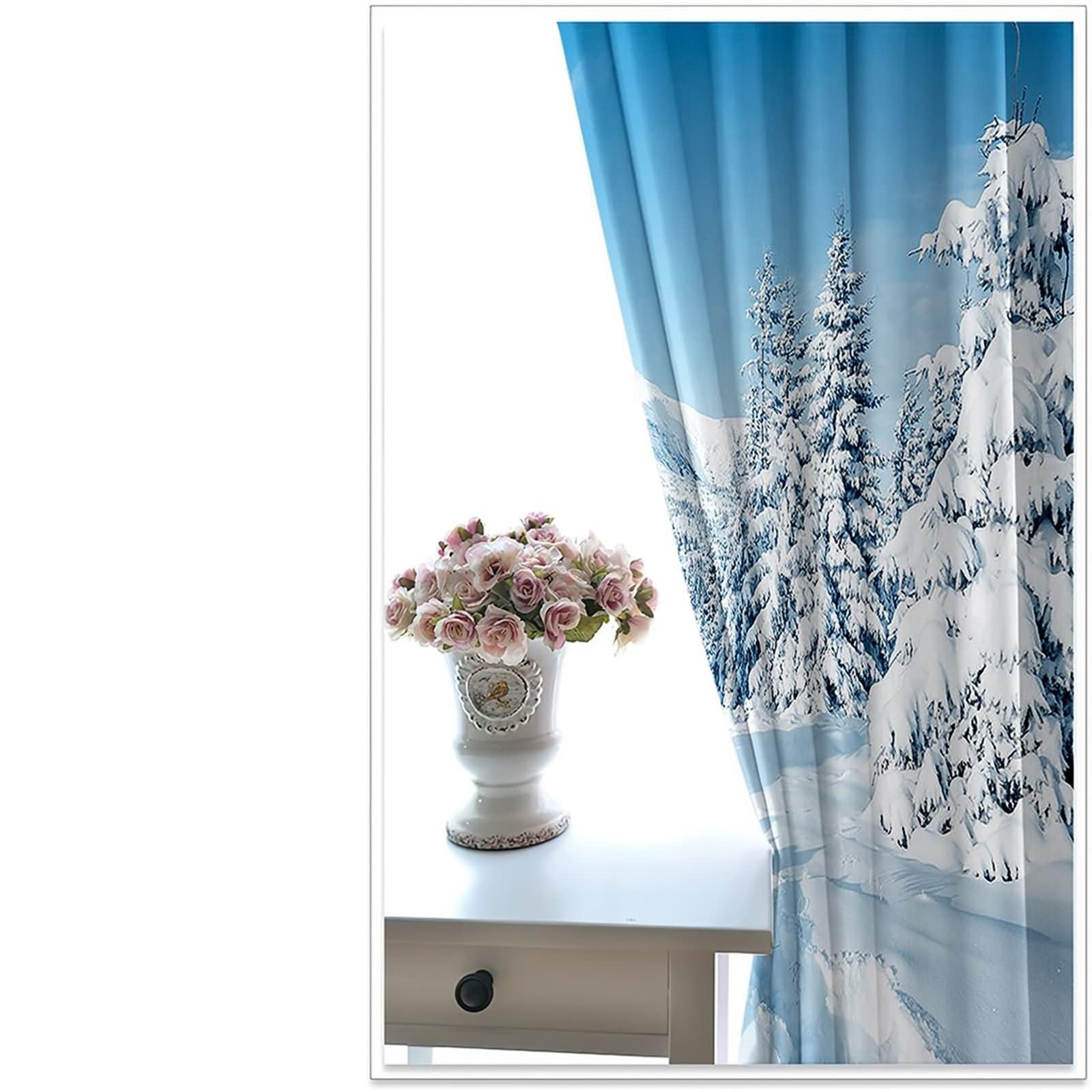 2er Set Vorhang Set Blickdicht,2 x 214W x 229H cm,Vorhänge Ösenringe Schneefallwaldlandschaft Gardine Vorhang für Schlafzimmer Blau Grau Weiß