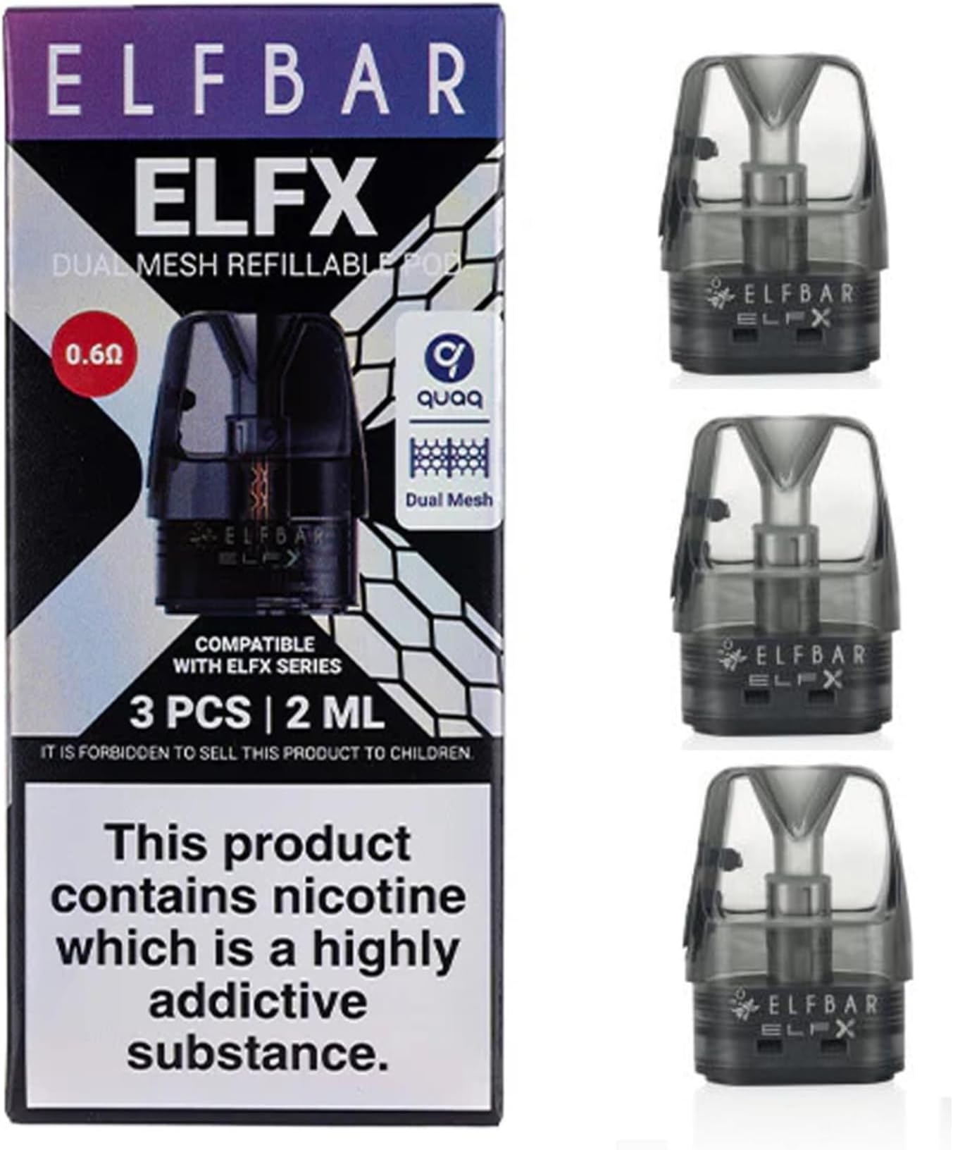 Elf Bar ELFX Pods, Dual Mesh Refillable Pods, Top Fill, Leakproof Technology, Compatible with ELFX Series, 2ml Cartridge Capacity, No Nicotine, Pack of 3 (Dual Mesh 0.6ohm)