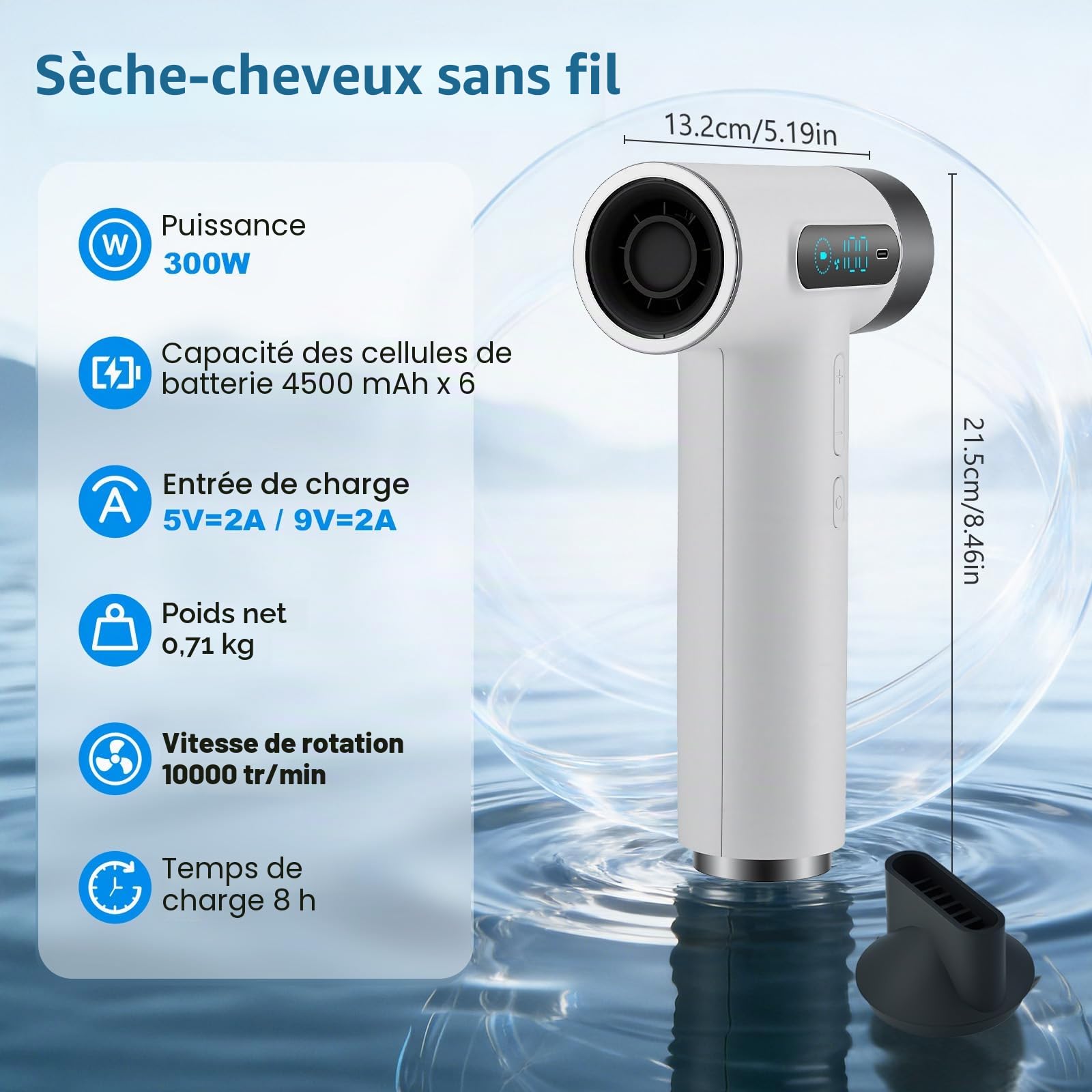 Sèche-cheveux de Voyage Pro avec Batterie 27000mAh - Sèche-cheveux sans Fil avec 100 Températures & Vitesses - Séchoir Portable avec Écran Numérique pour Camping Voyages Hôtel - Blanc