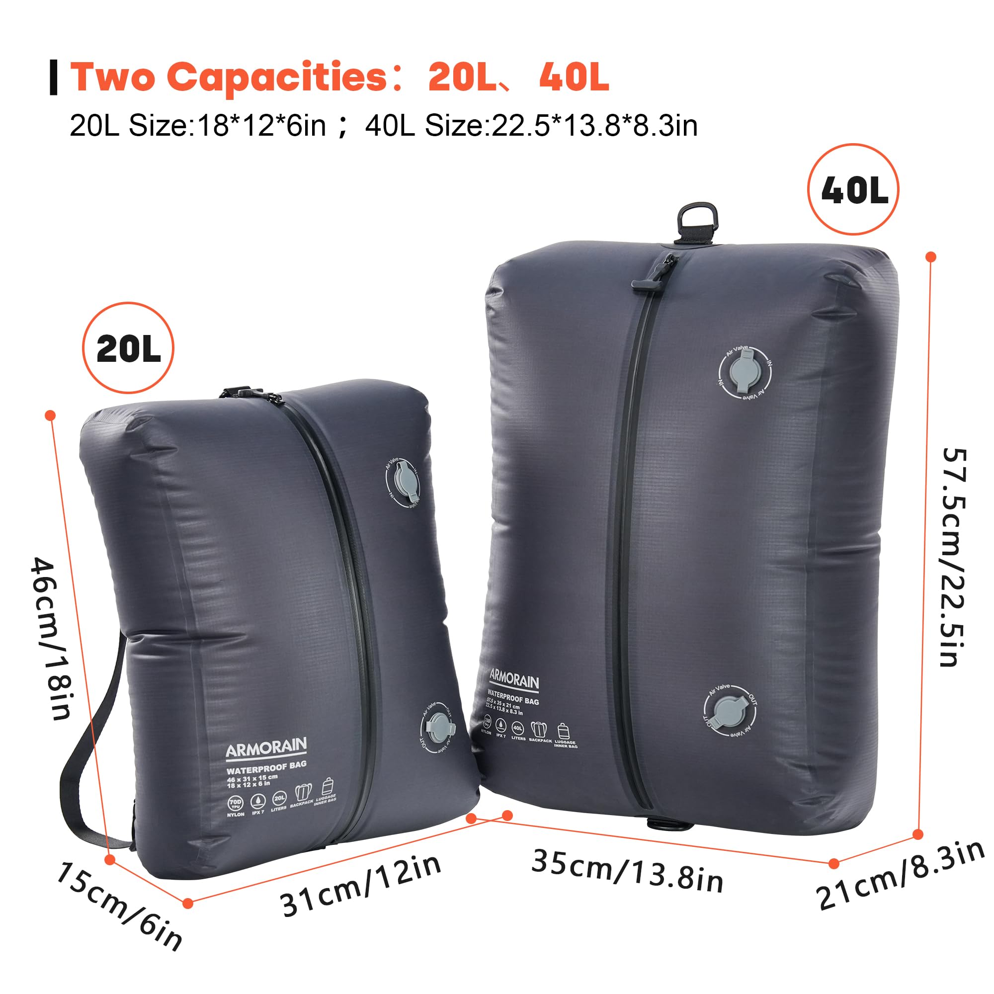 Sacchetti Sottovuoto da Viaggio, Zaino, impermeabili IPX7 Riutilizzabili a Compressione per Viaggi, zaini e Valigie, Conservazione Domestica Sacchetti ermetici per indumenti (40L)