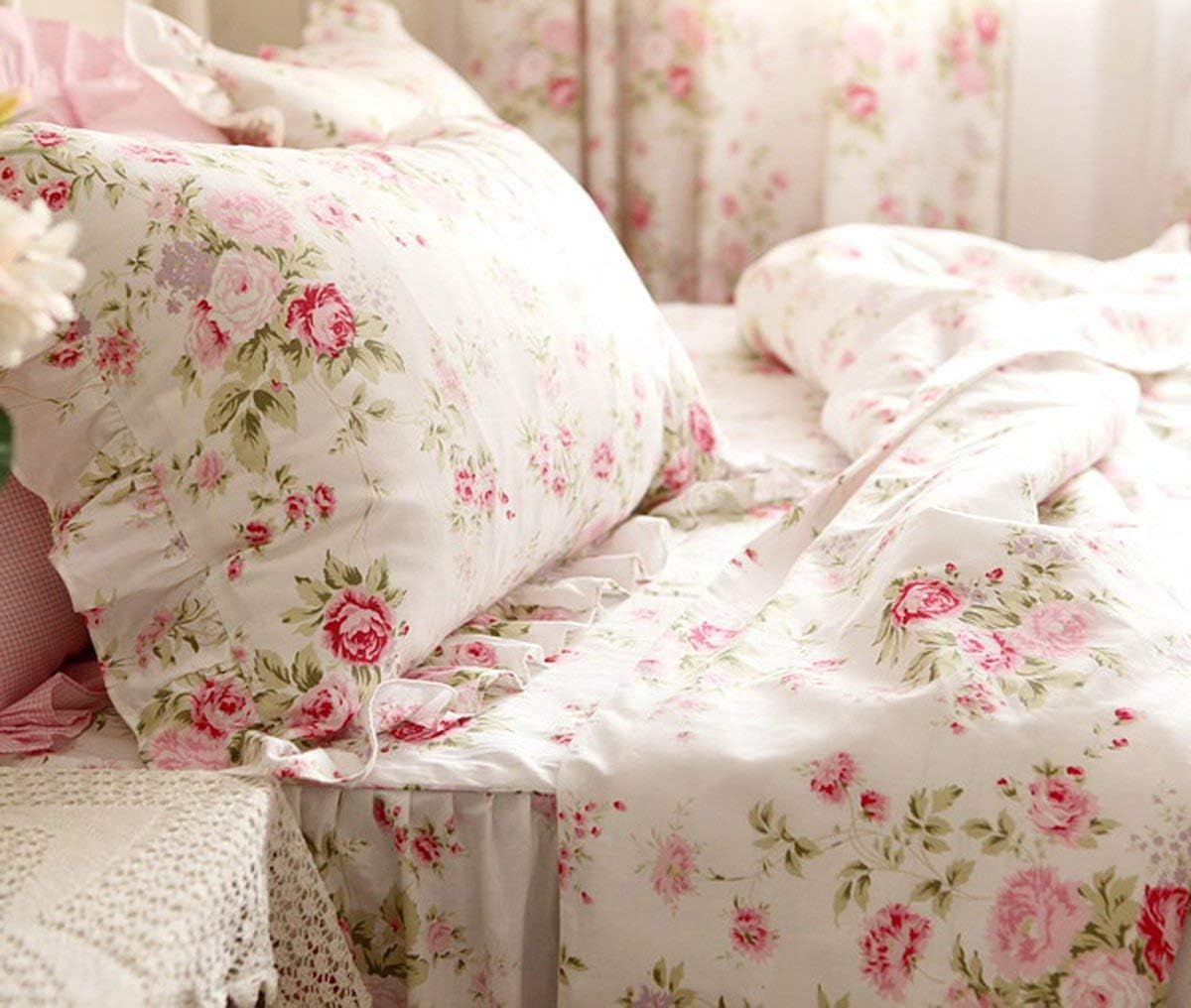 FADFAY Farmhouse Bedding Shabby Blue Floral Vintage Floral Print Duvet Cover Set Bedspread Elegant French Country Style with Ruffle 4 Pcs Cal King Size