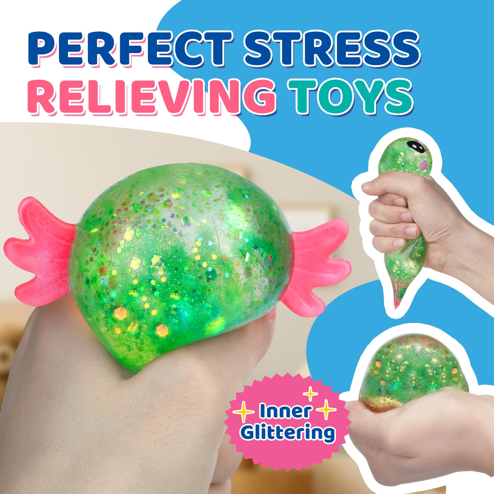 3 Pelotas Antiestrés De Axolotl – 8x10 Cm, Colores Azul, Verde Y Rosa, Material De Rebote Lento, Para Niños