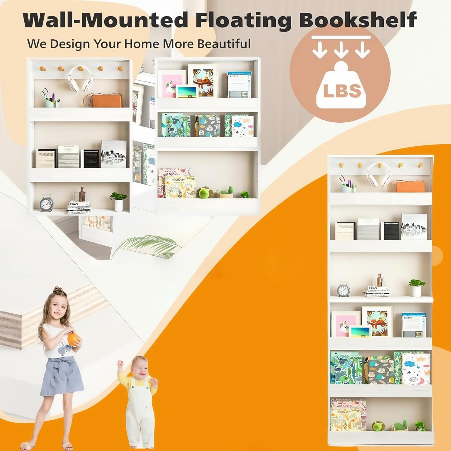 Behind The Door Bookshelf,6-Tier Wall-Mounted Shelf with Adjustable Height and Safety Rails Space-Saving Design for Nursery, Kids Room or Office – Easy No-Drill Installation