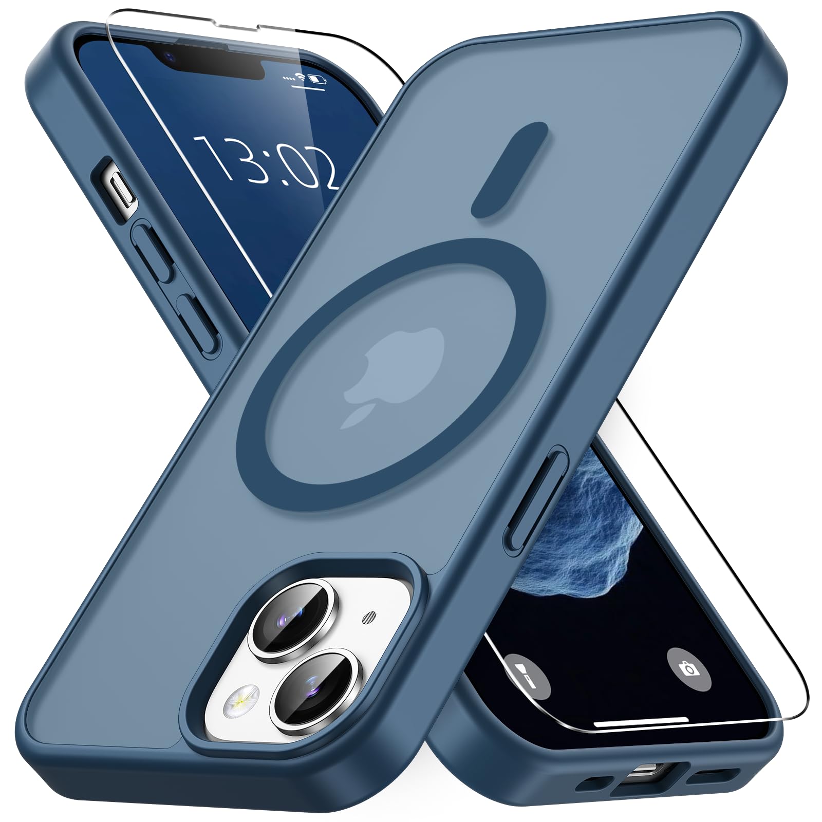 Vansdon Magnétique Coque pour iPhone 13 / iPhone 14 avec 1 Verre Trempé, Compatible avec MagSafe, Protection Contre Les Chutes de qualité Militaire, Coque Mat Translucide Fine Antichoc -Bleu Foncé