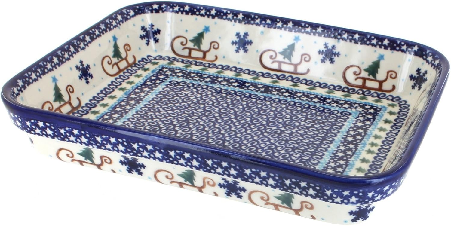 Blue Rose Polish Pottery - Blue Savannah Small Rectangular Baker - 10.25" x 8" - Unique, Dishwasher Safe, & Durable Bakeware
