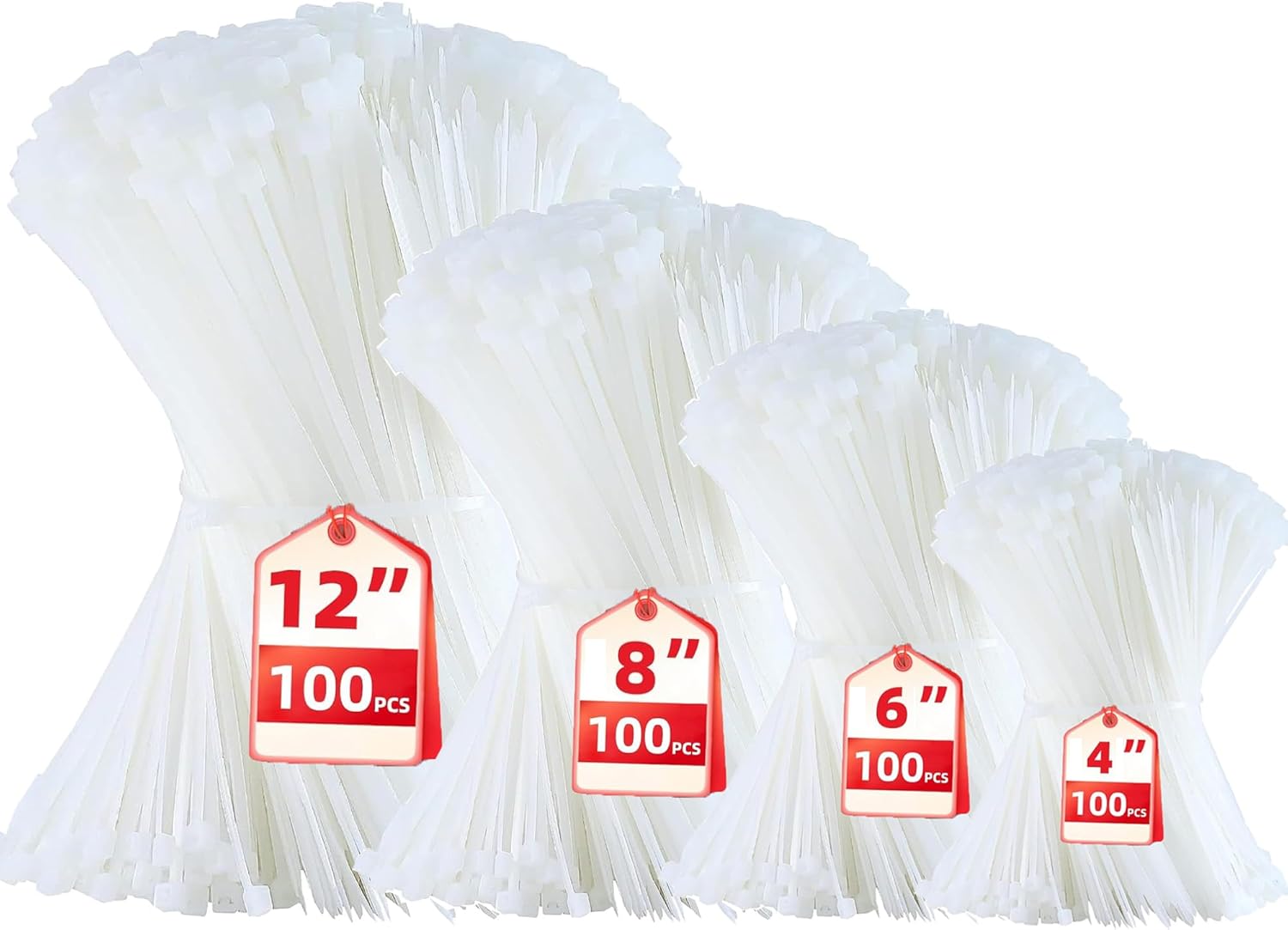 Zip Ties, Zip Ties Assorted Sizes(4”+6”+8”+12”), 400 Pack Cable Wire Ties With Self-Locking Adjustable More Durable Nylon UV Resistant Wire Ties for Indoor Outdoor White