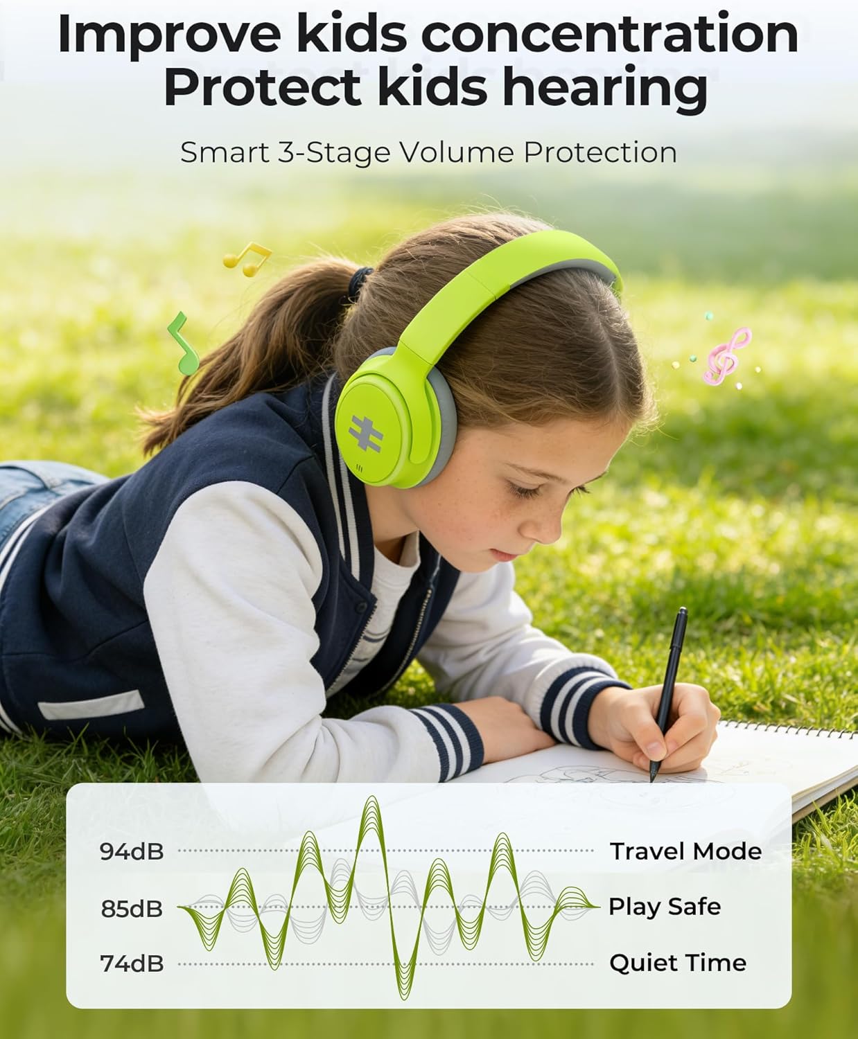 seenda Active Noise Cancelling Headphones for Kids, HEO-303 Bluetooth 5.4 60H Playtime Type C Fast Charging, 74/85/94 dB Safe Volume Limit Headset with Mic for Ipad, Airplane, Travel, Green - Image 3
