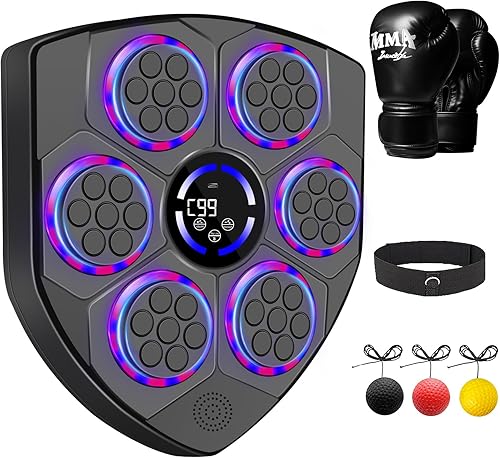 Máquina de boxeo familiar inteligente con LED rítmico, montada en la pared para adultos y niños, incluye guantes para adultos, diadema y 3 bolas