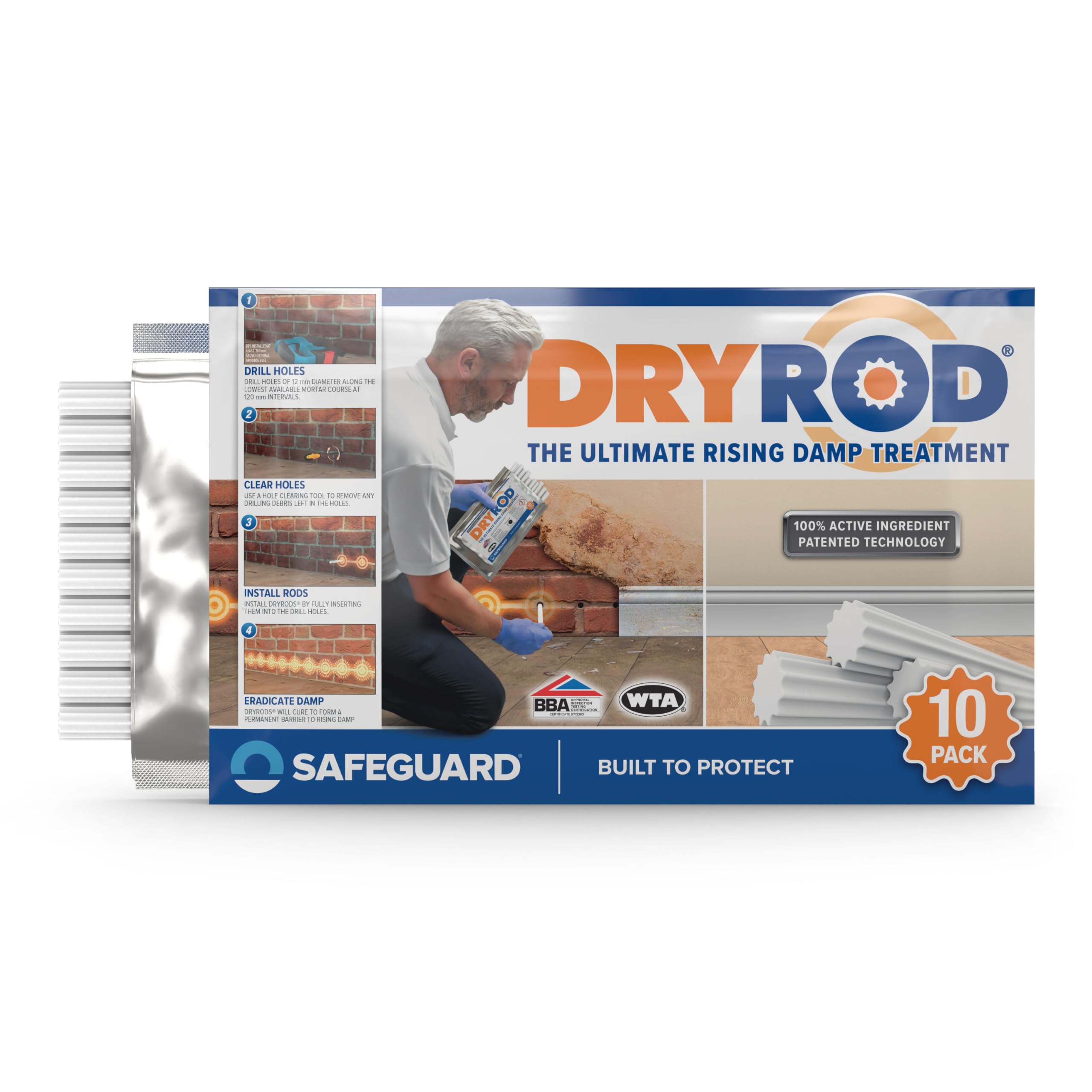 Damp Proofing Rods (10 Pack) - BBA-Approved Rising Damp Treatment, Stronger Than DPC Injection Creams. Coverage 1.2m