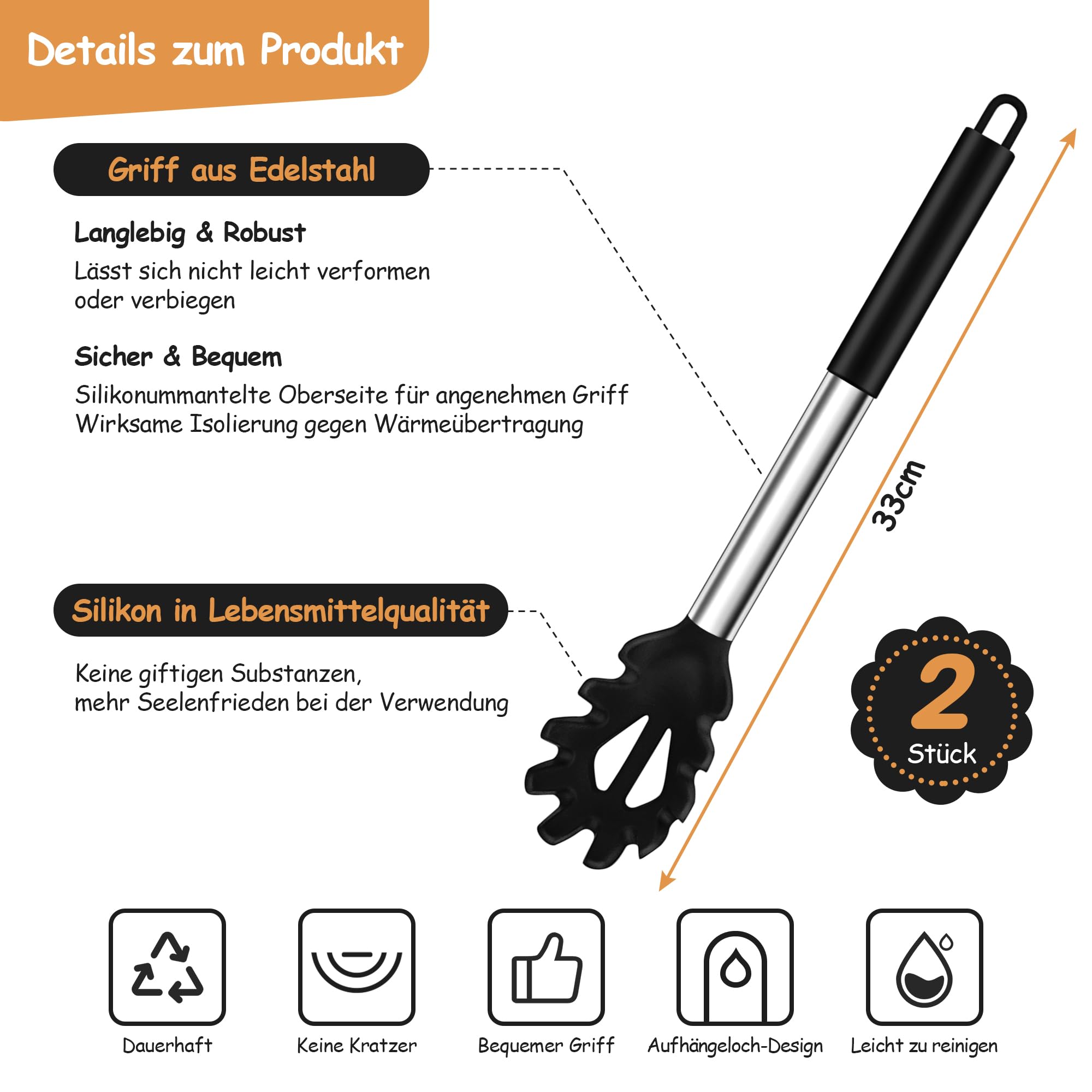 Joyfair 2 cucchiaini per spaghetti in silicone con manico in acciaio inox (nero)