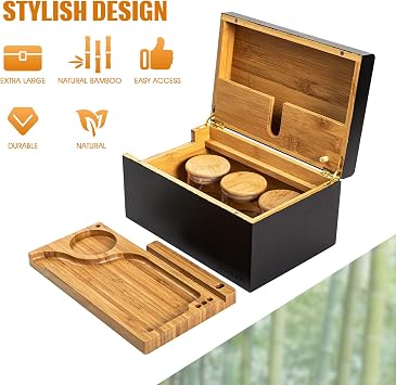 Large Bamboo Stash Box Combo with Accessories Bamboo Decorative Storage Box with Bamboo Rolling Tray, 3 Airtight Glass Jars, 1 Black Grinder and Cleaning Brush