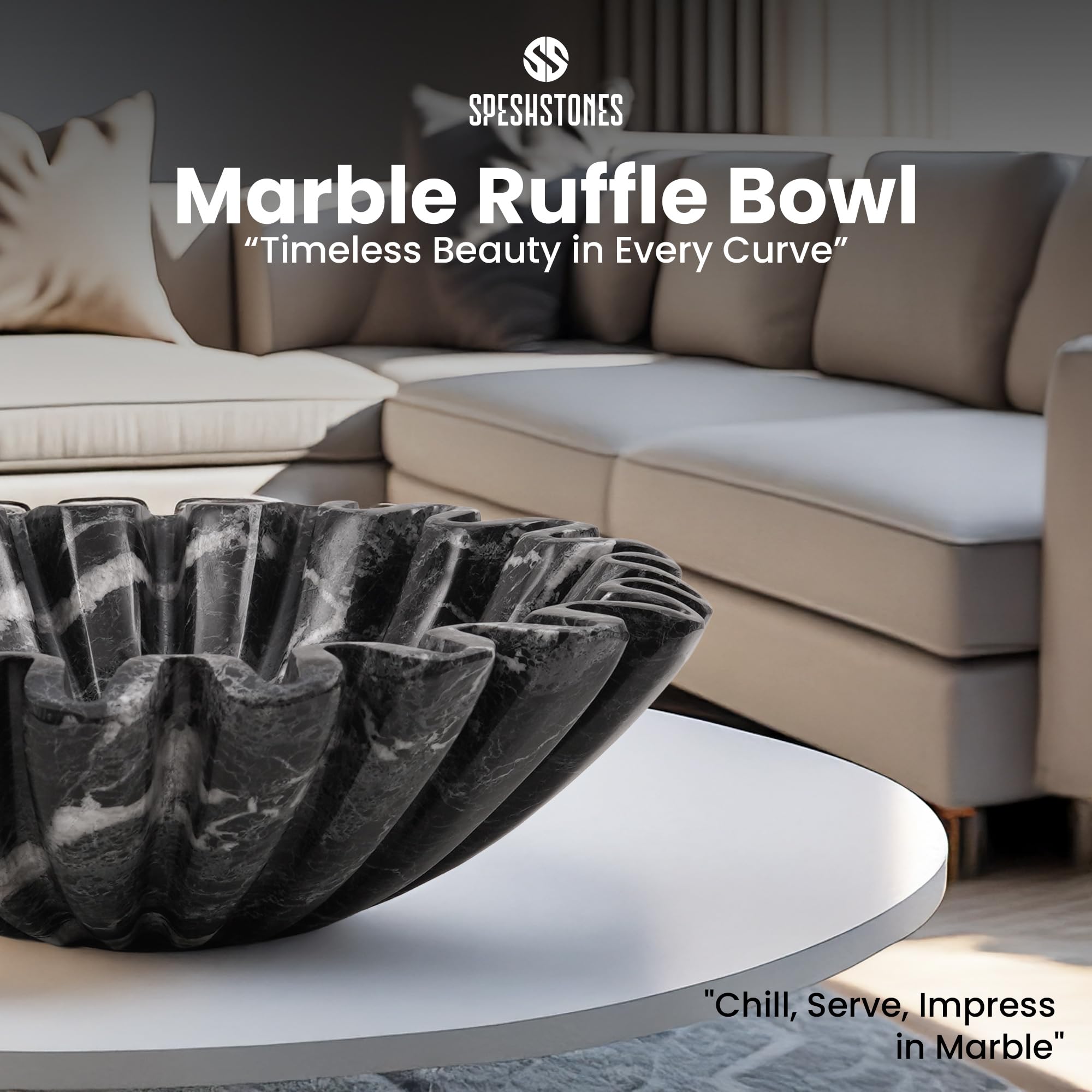 SPESHSTONES Grand Bol Décoratif en Marbre Noir 25,4 cm, Coupe Ondulée Festonnée Fait Main pour Décoration Maison, Corbeille à Fruits Moderne pour Plan de Travail, Bol Cannelé en Pierre