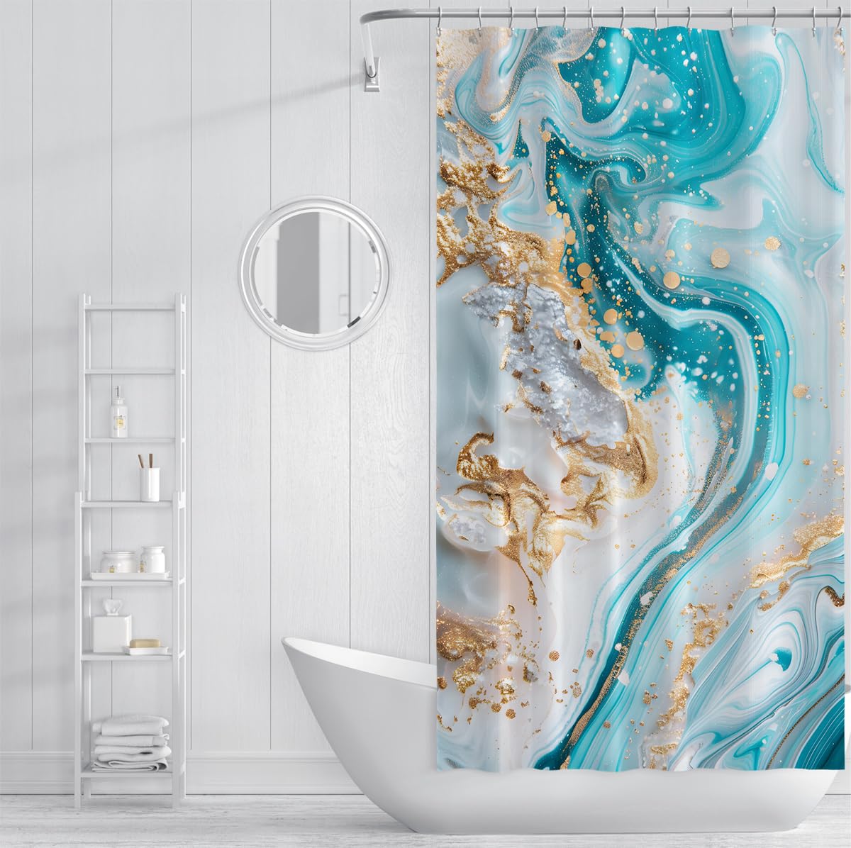 Rideau de douche salle de bain marbre coquillage turquoise W180xL180 cm