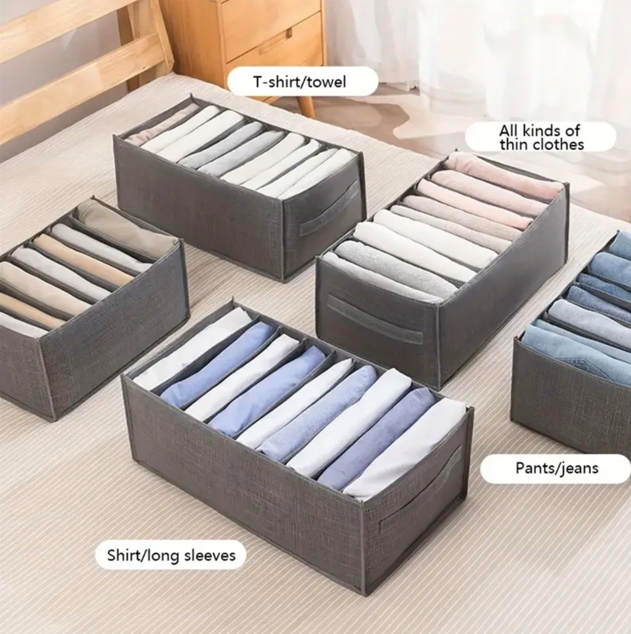Heavy Duty Drawer Organizer Bins – Foldable & Stackable Storage Solution for Clothes, Socks, Baby, Kids, Closet, Drawer, Room & Home Organization and Storage Grey (4-Pack, 7, 8, 9,12")
