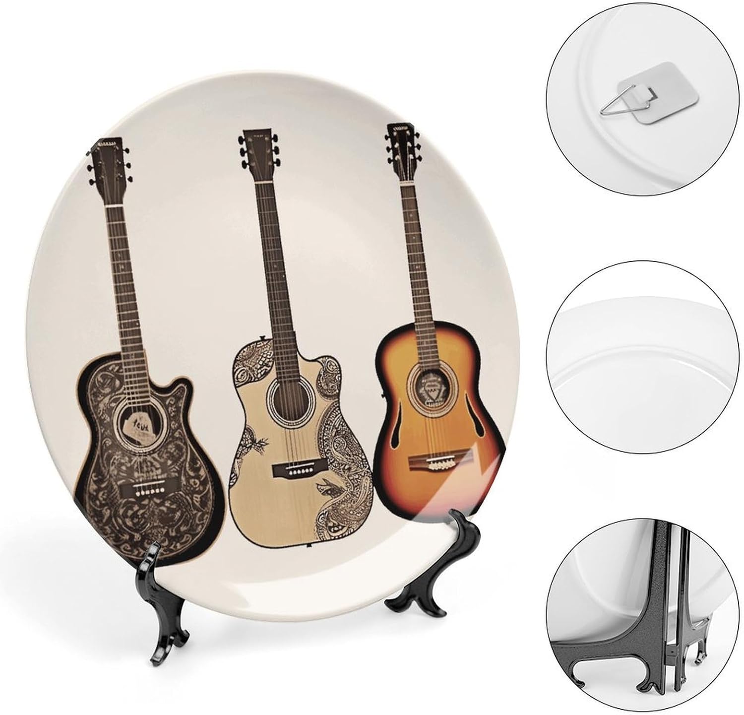 Guitar Decorative Plates for Display Round Porcelain Plate Living Room Table Ceramic Hanging Decorative Plate Art Decor for Living Room Table with 1 Display Stand 10inch