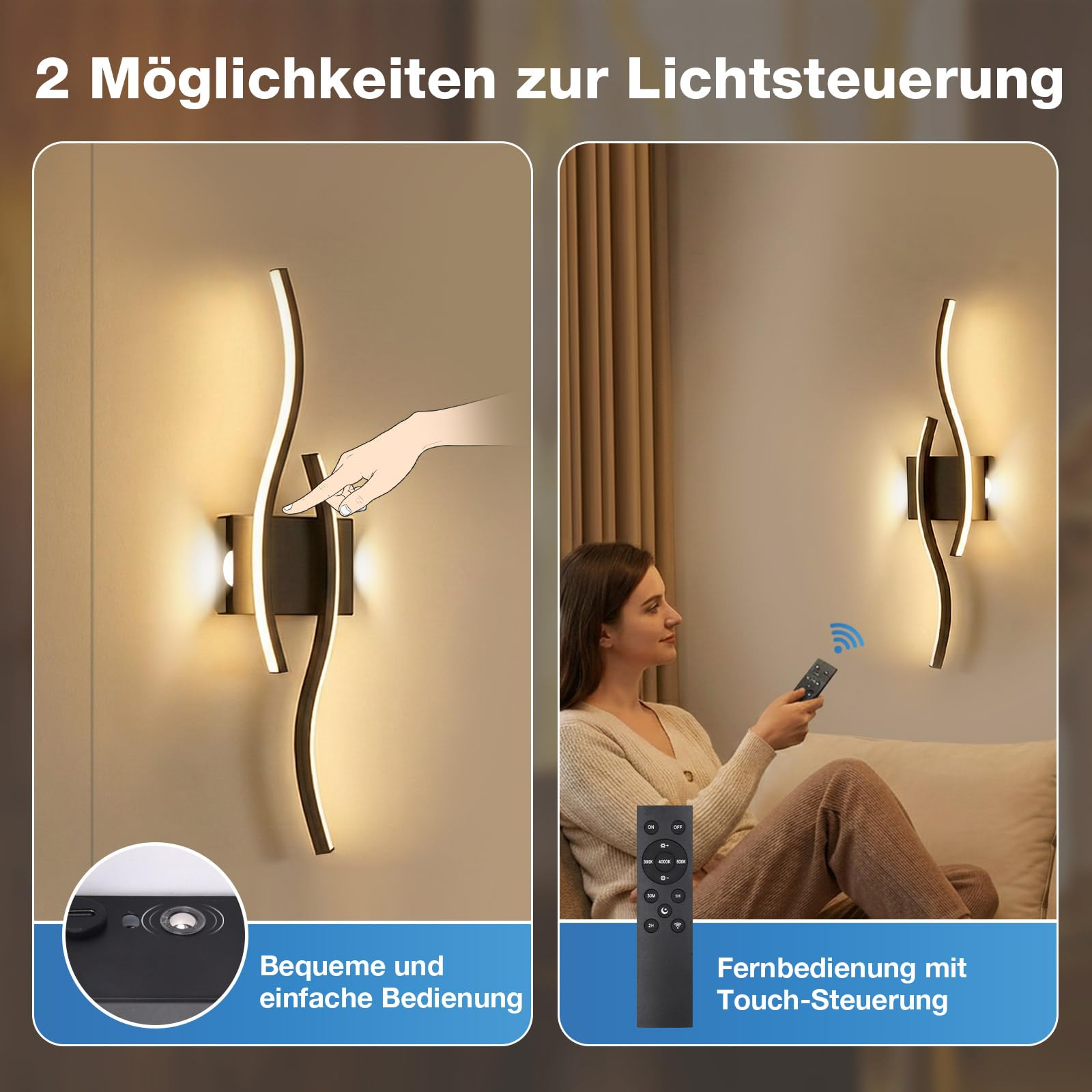 Wandleuchte Akku 2er Pack, Kabellose LED Wandlampen Dimmbar Wohnzimmer 60cm