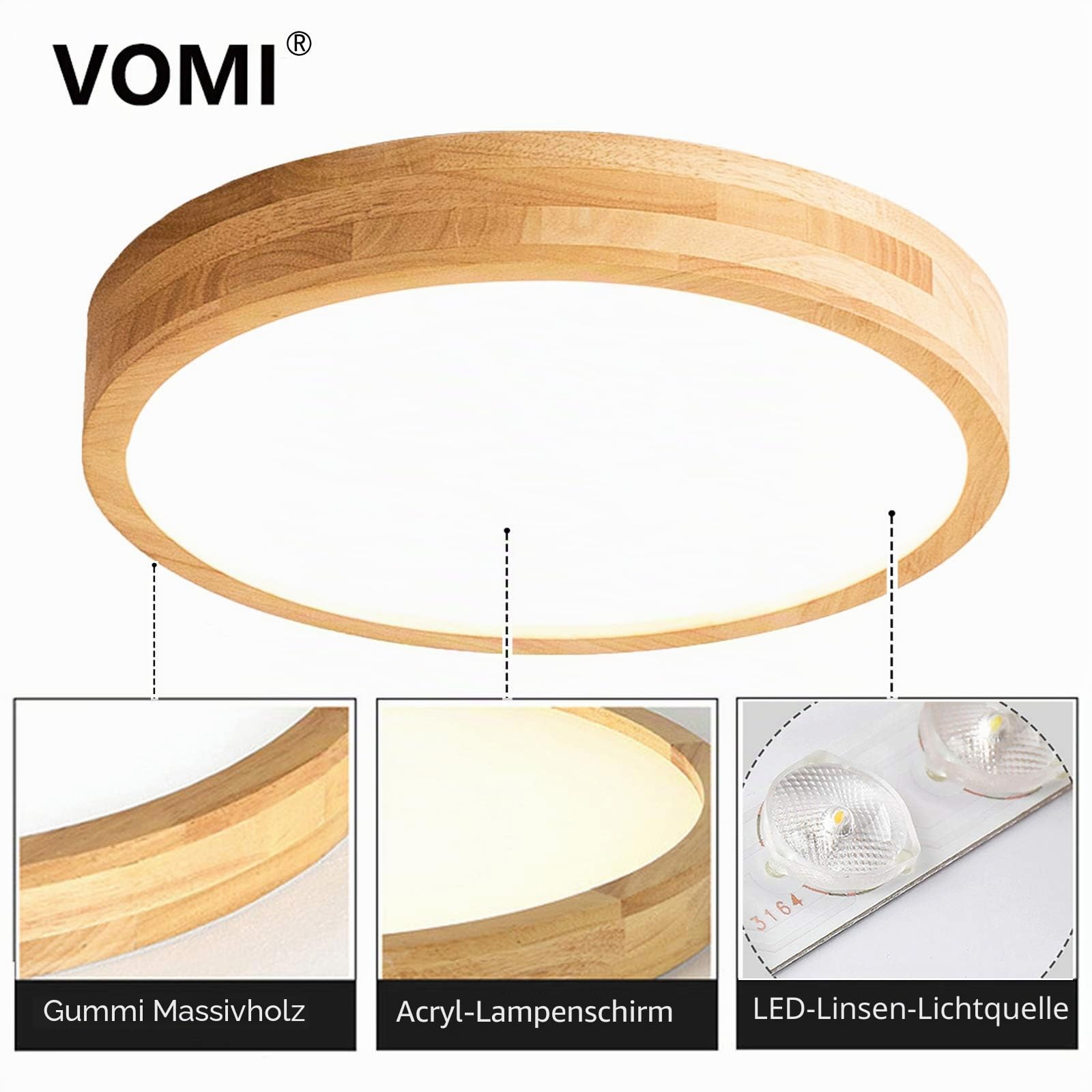 VOMI 36W LED Deckenlampe Holzoptik mit Bewegungsmelder, 50cm Runde Deckenleuchte Holz Sensor Lampe Flur Treppe Deckenbeleuchtung Kaltweiß 6000K