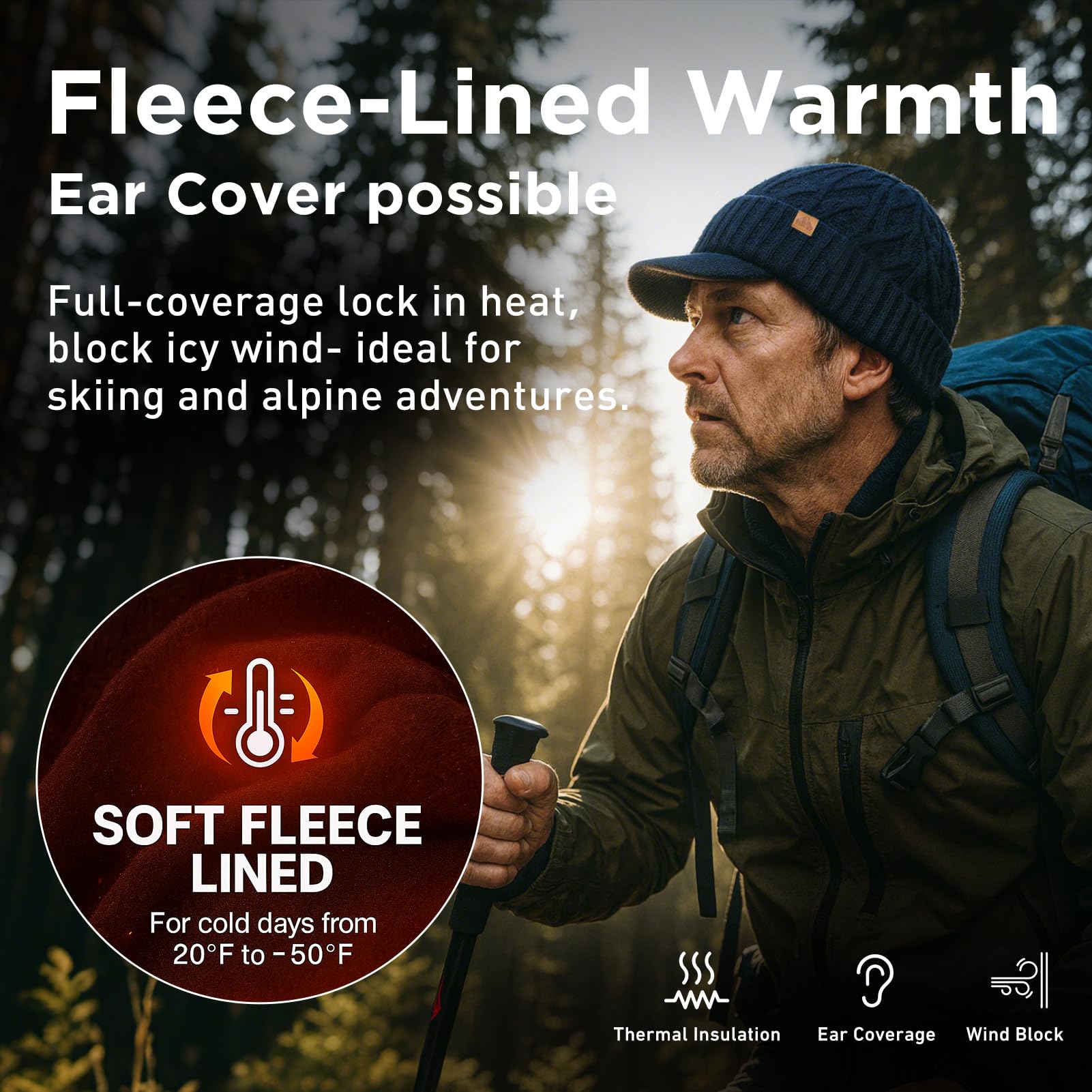 DryKnit Bonnet imperméable en laine mérinos L/XL/XXL avec visière à bord, bonnet d'hiver chaud pour homme et femme